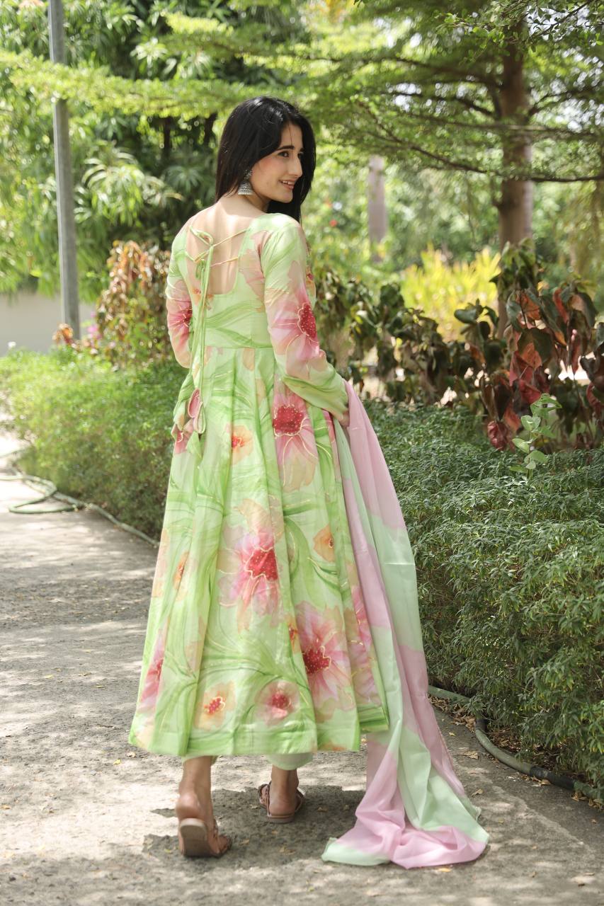 Green Floral Printed Anarkali Kurta Set