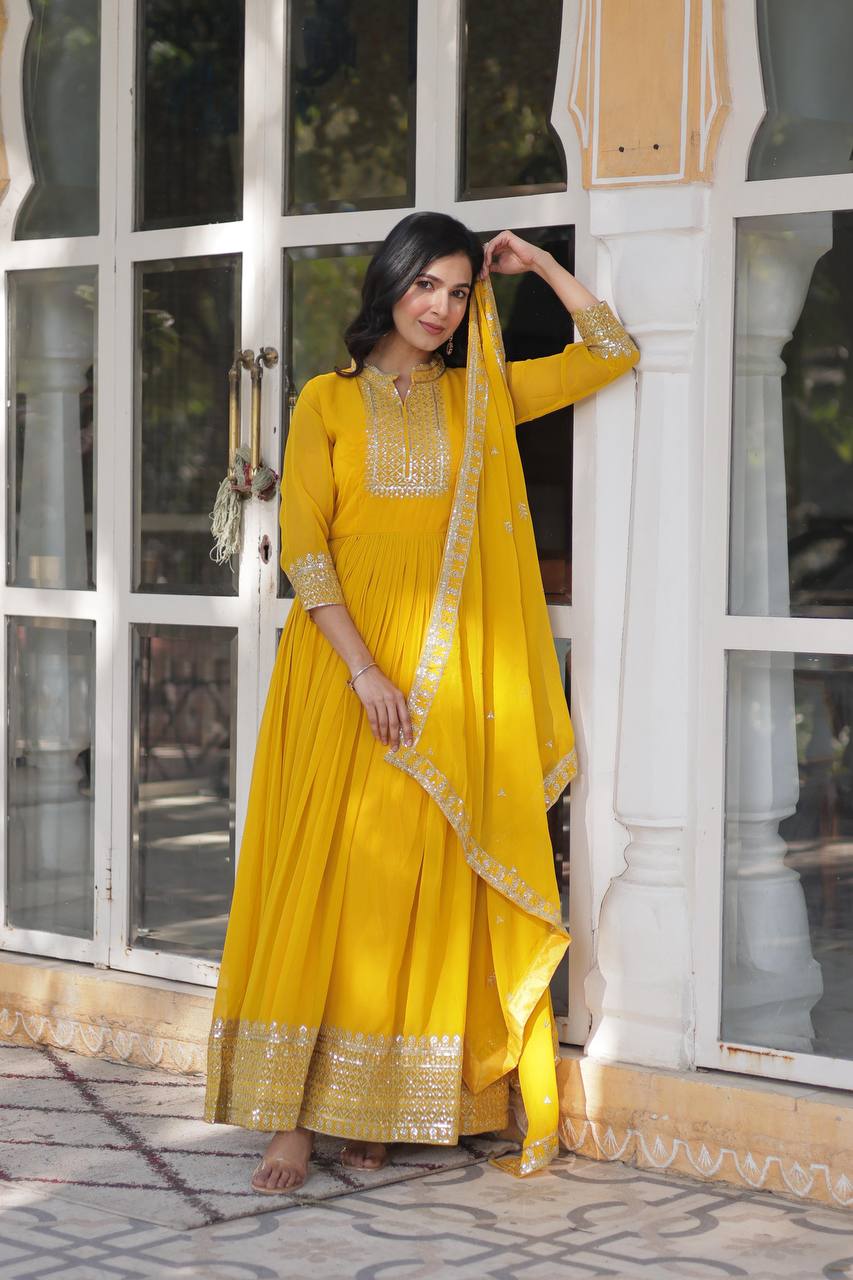 Yellow Sequin Embroidery Work Lehenga Kurta