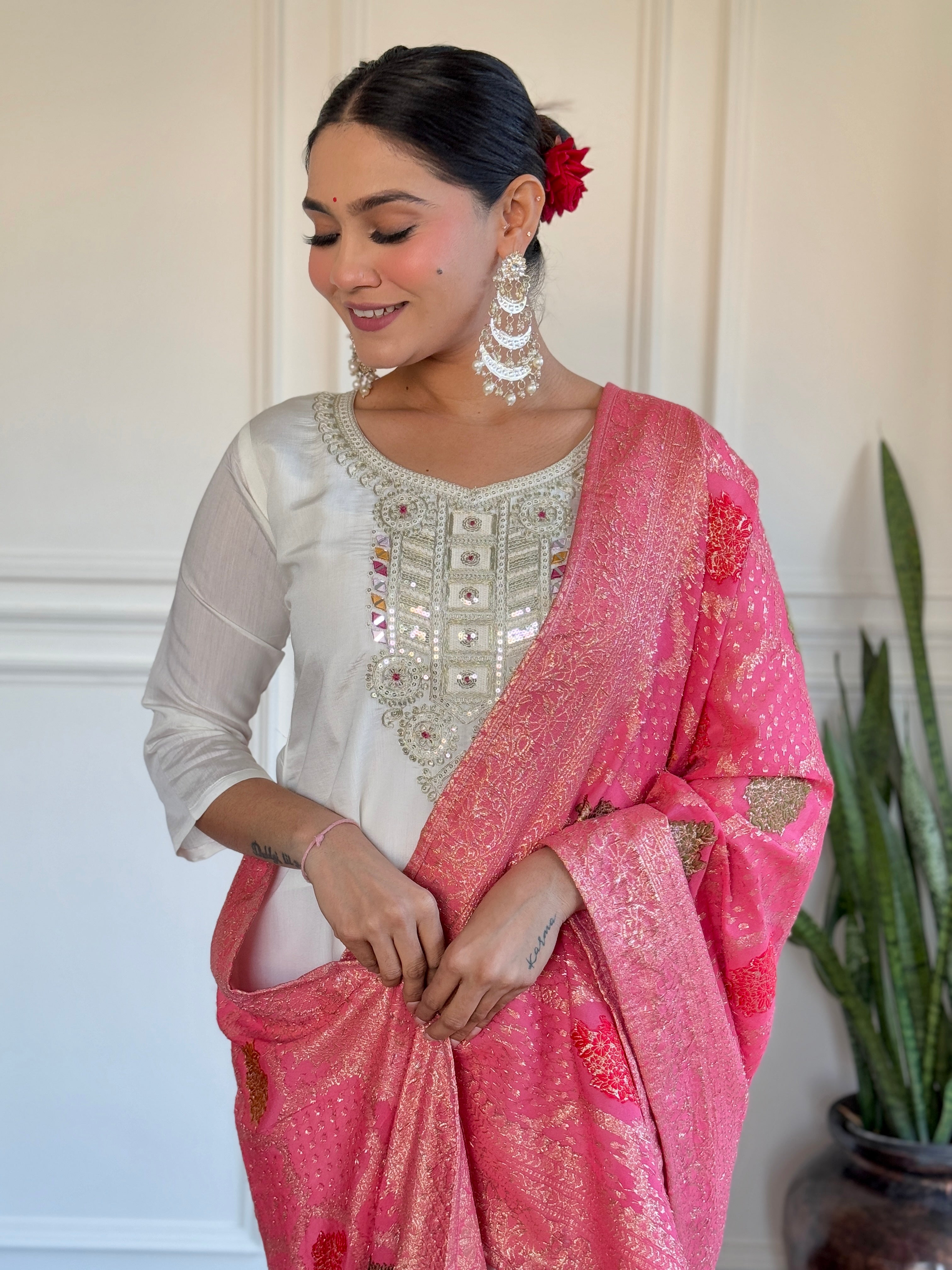 Off White Chanderi Embroidered Kurta