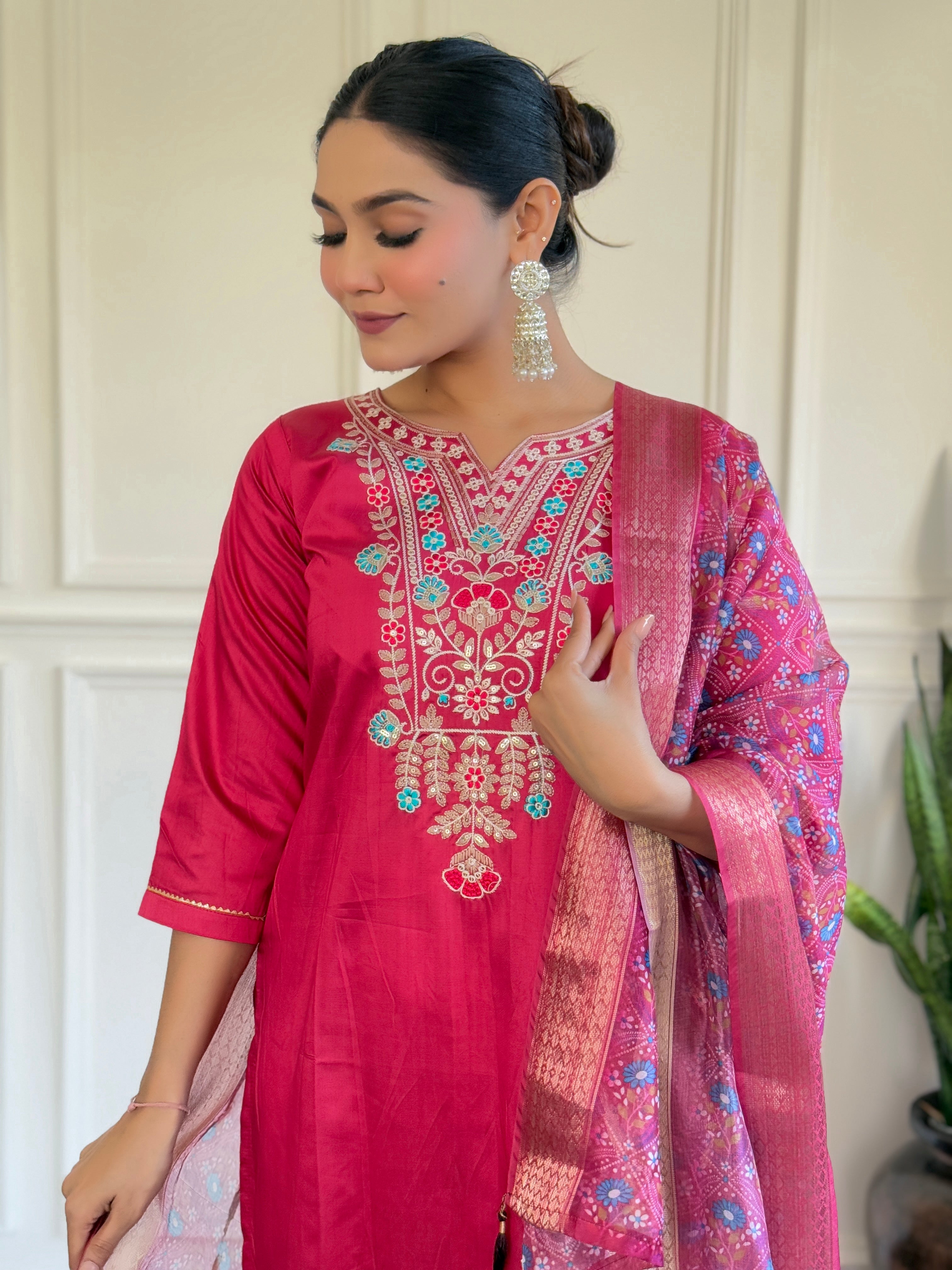 Pink Chanderi Embroidered Kurta