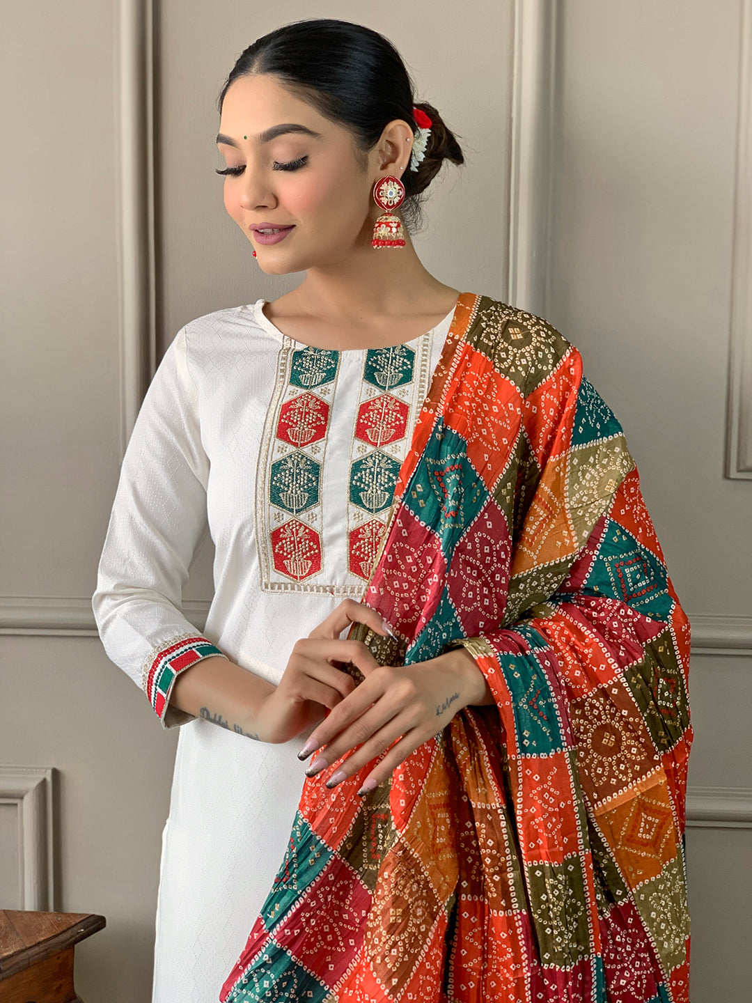 Off White Viscose Embroidered Kurta