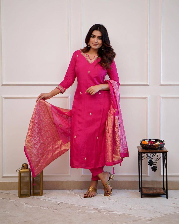 Pink Embroidered Straight Kurta Set