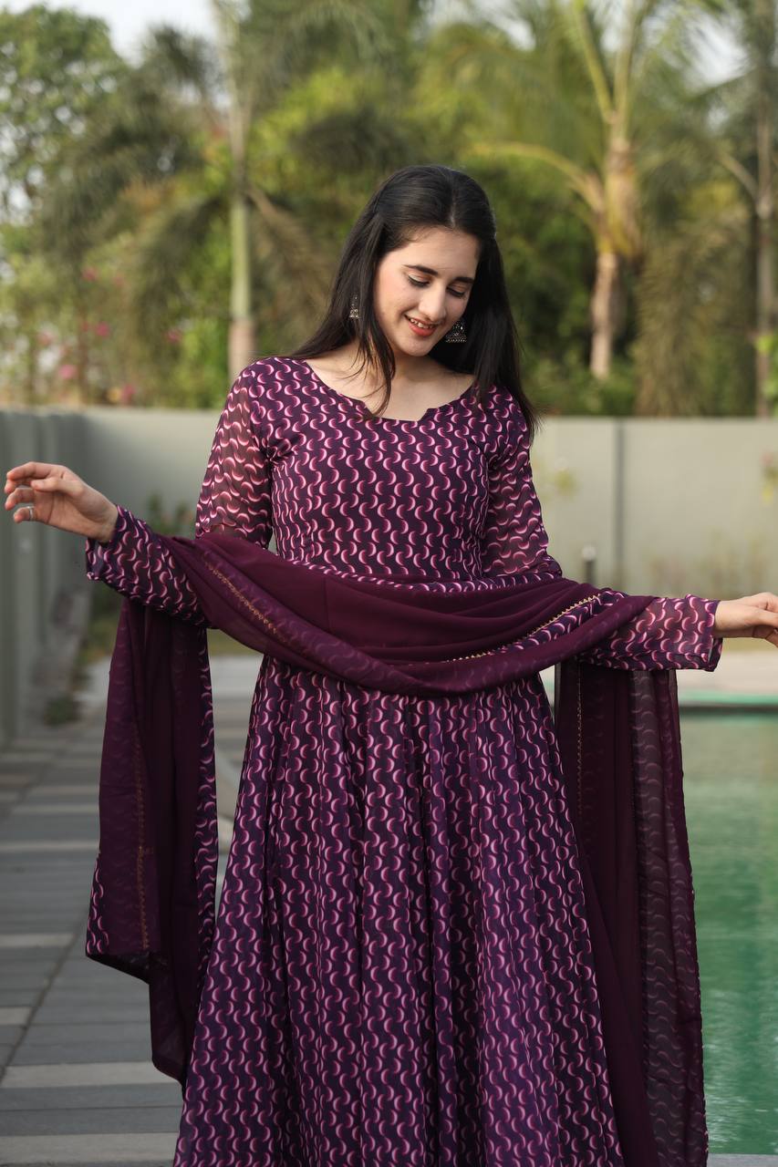 Purple Printed Anarkali Kurta set