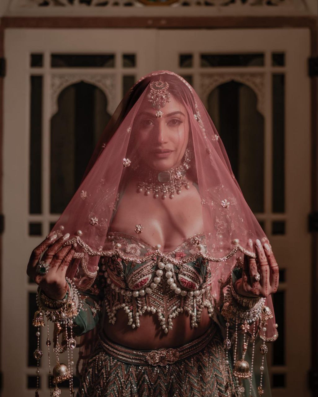 Sage Green Silk Lehenga with Pearl Work