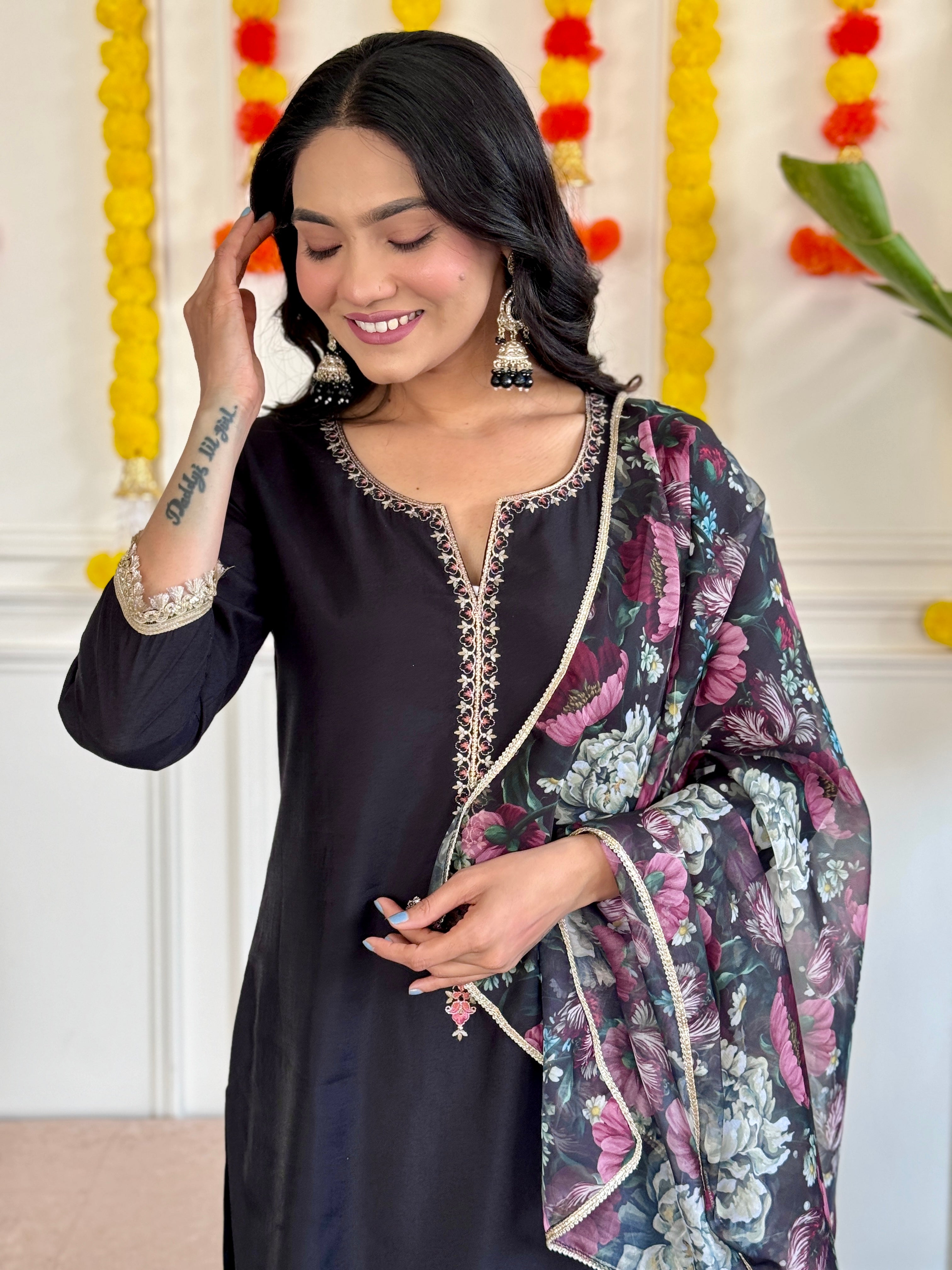 Black Embroidered Rayon Slub Fabric Straight Kurta, Pant and Dupatta Set