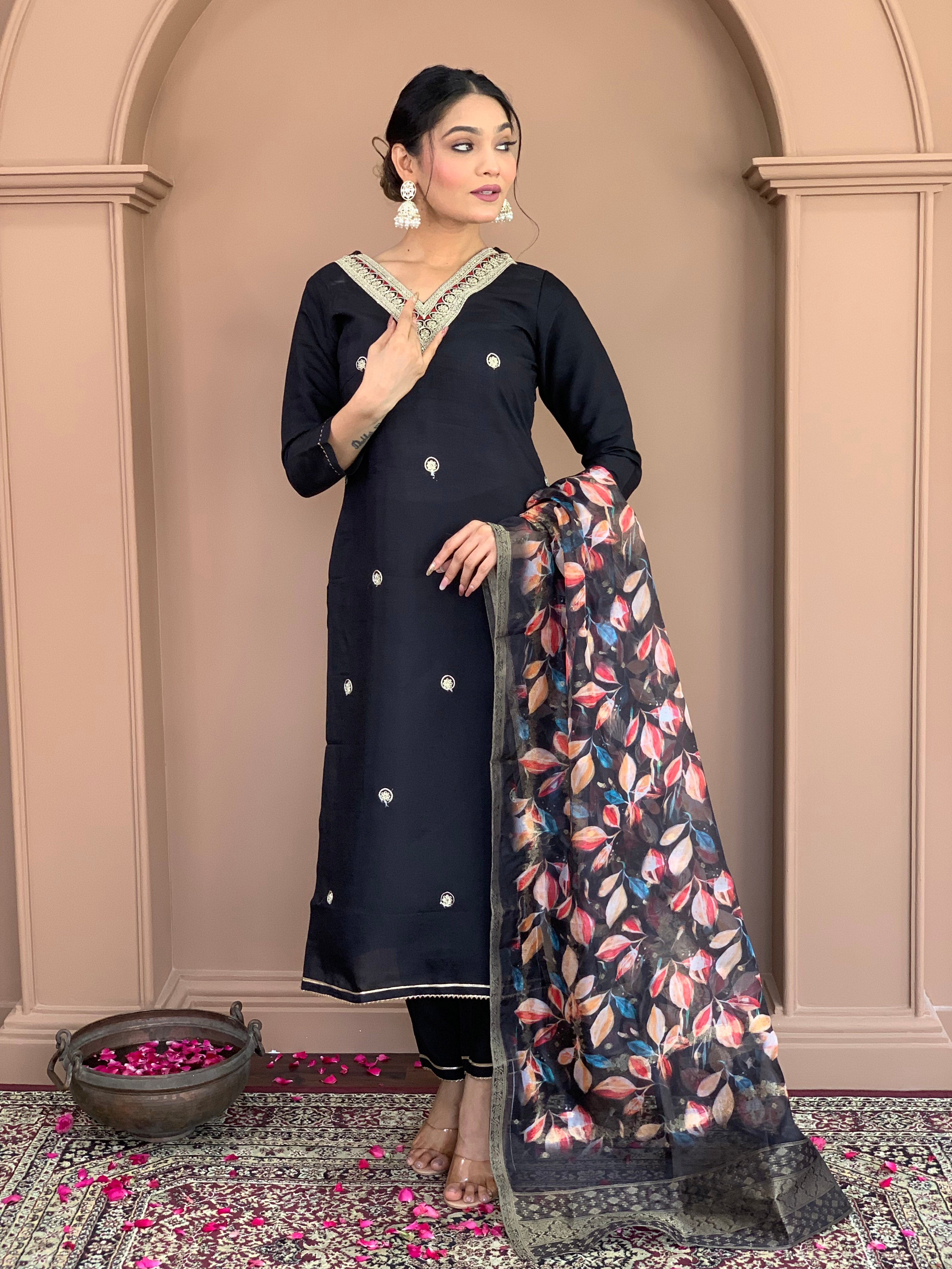 Black Rayon Embroidered Kurta Set