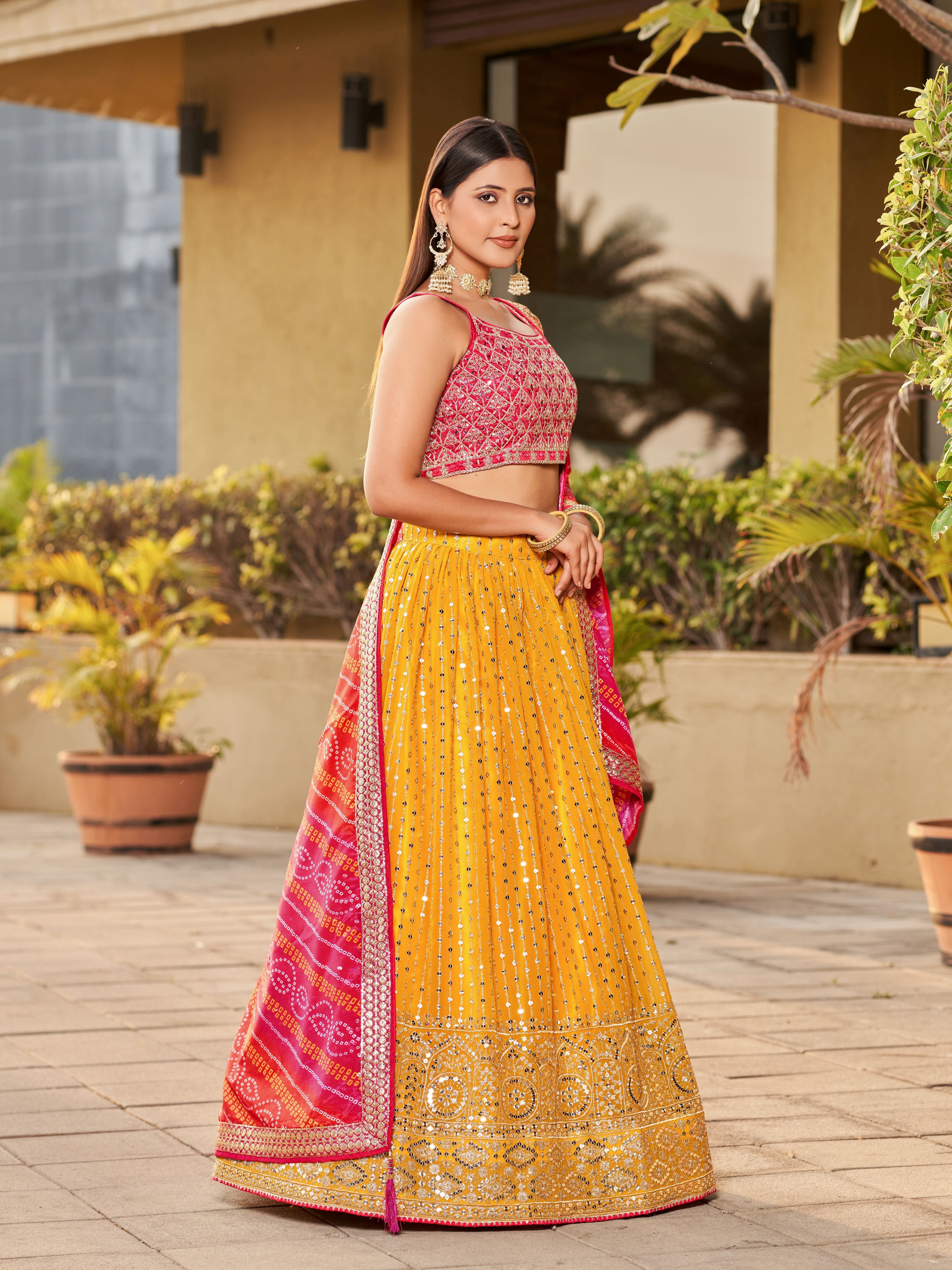 Yellow & Pink Women's Art Silk Embroidery Lehenga Choli
