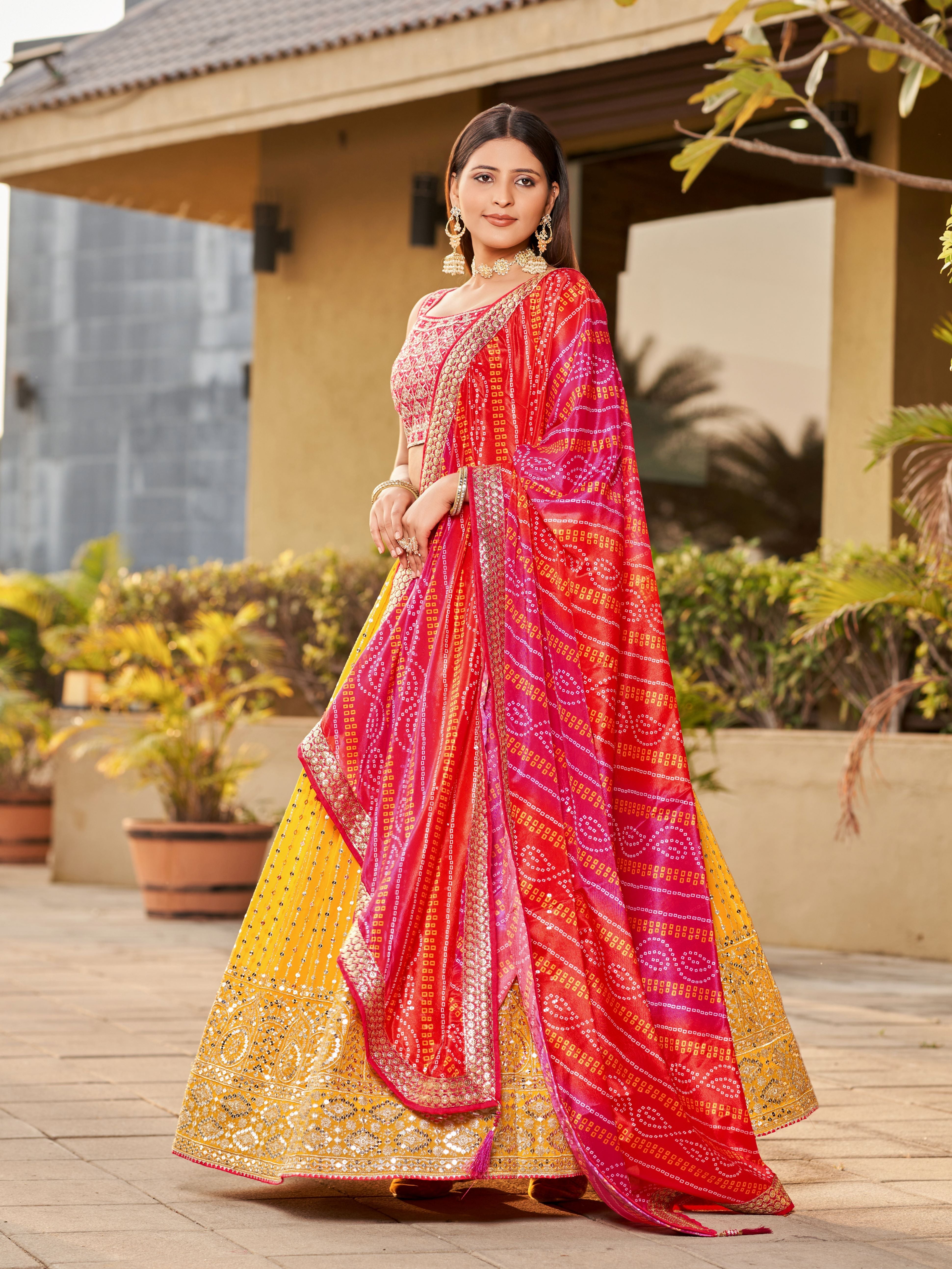 Yellow & Pink Women's Art Silk Embroidery Lehenga Choli