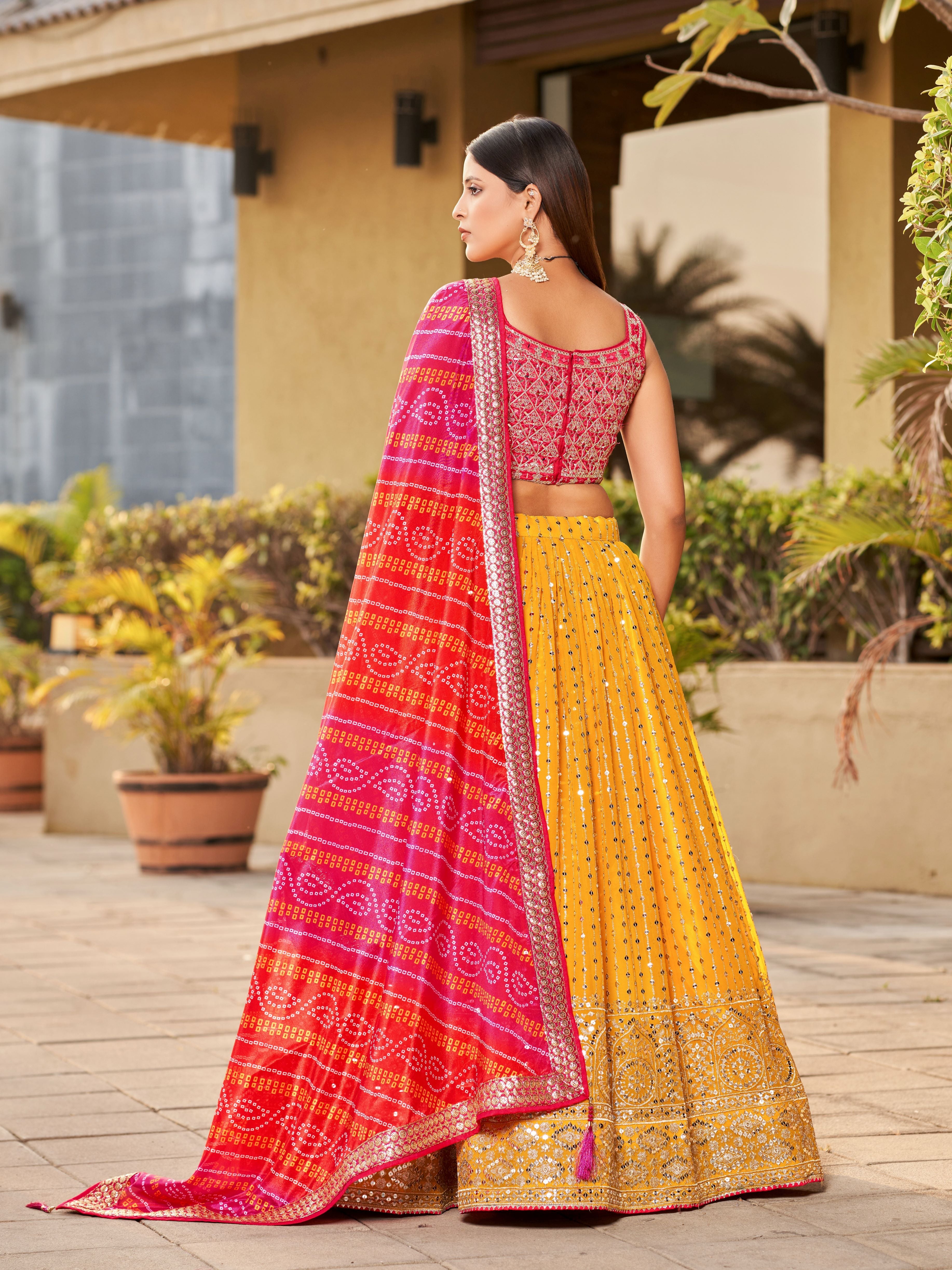 Yellow & Pink Women's Art Silk Embroidery Lehenga Choli