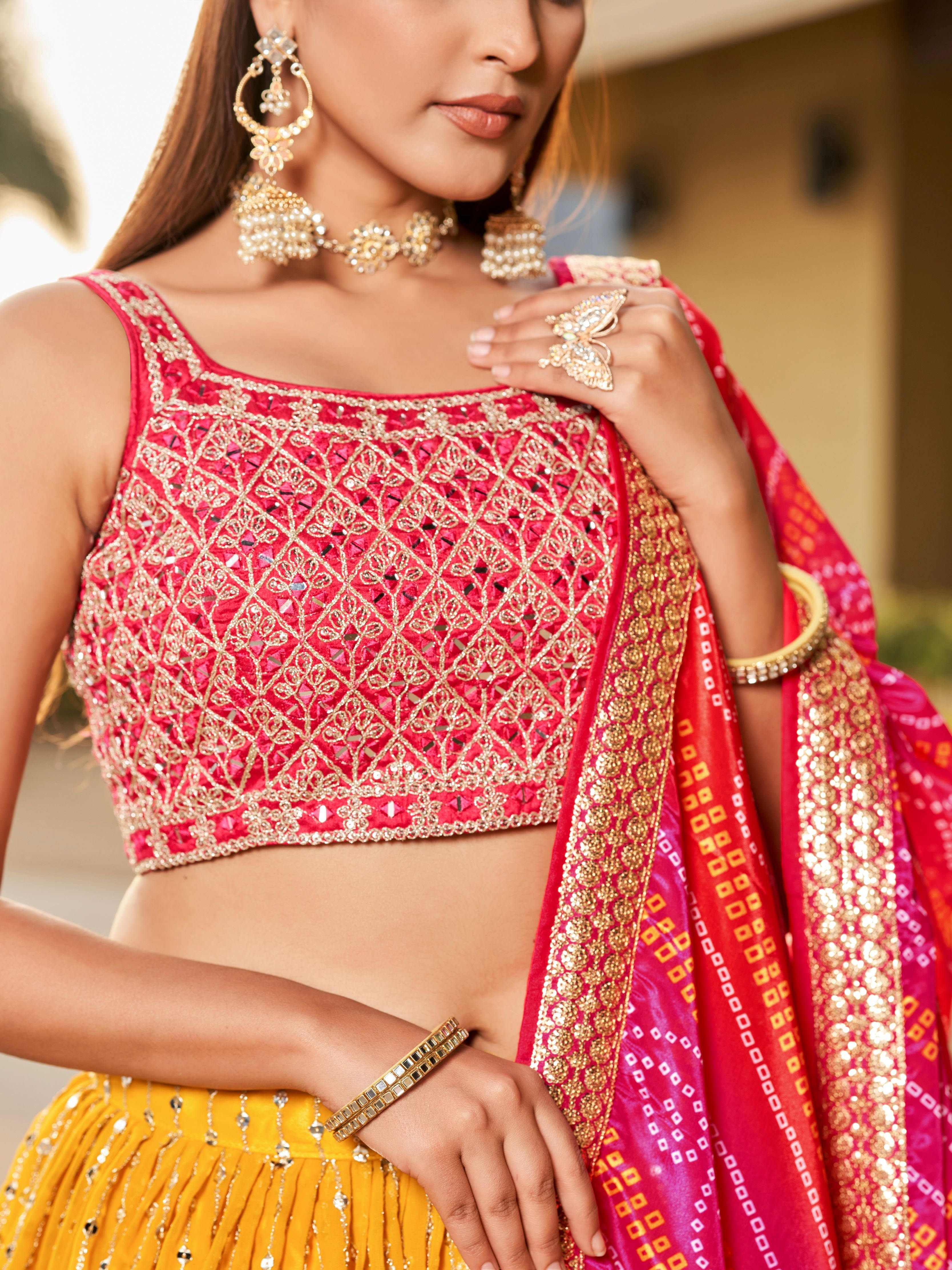 Yellow & Pink Women's Art Silk Embroidery Lehenga Choli