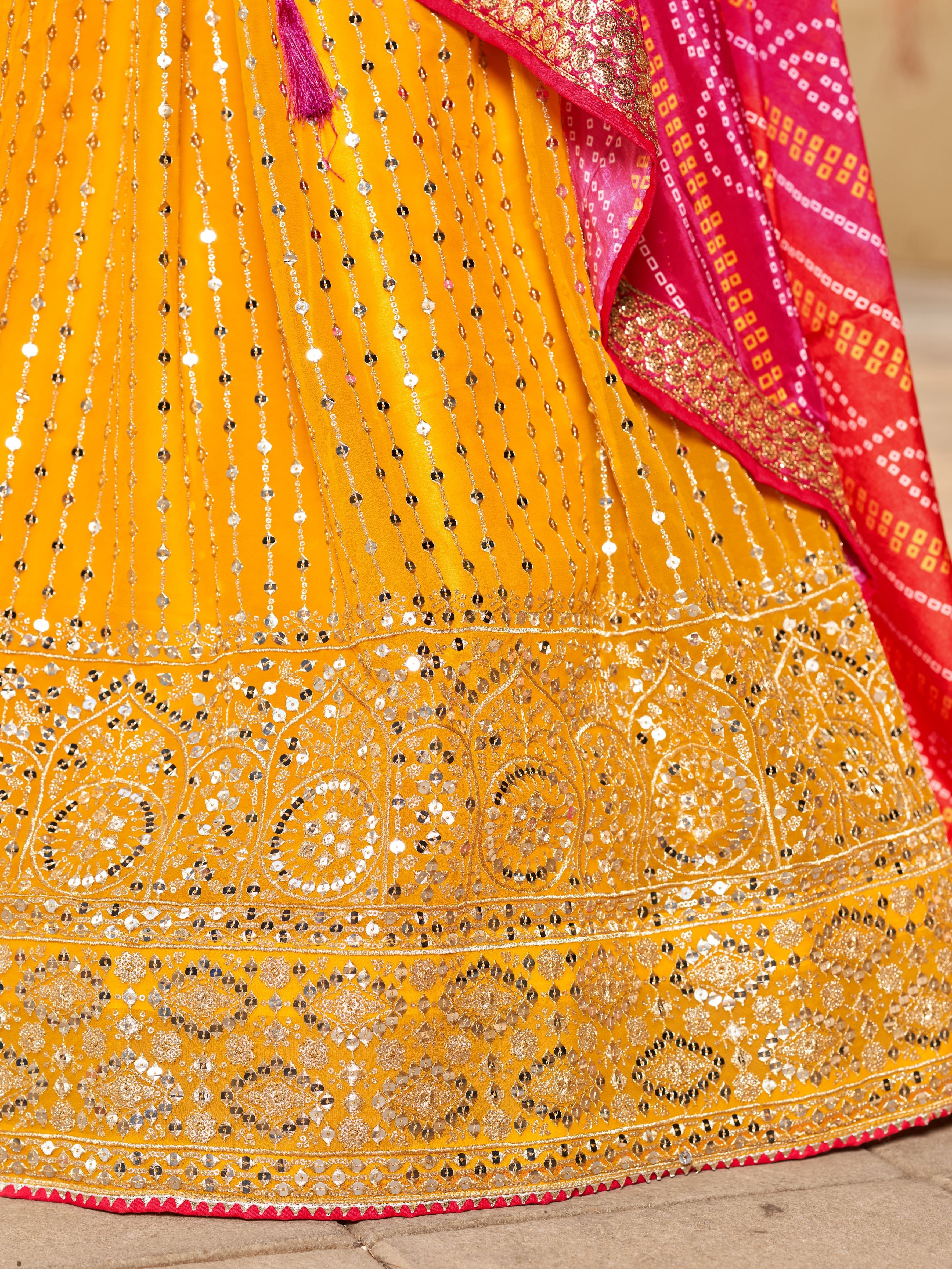 Yellow & Pink Women's Art Silk Embroidery Lehenga Choli