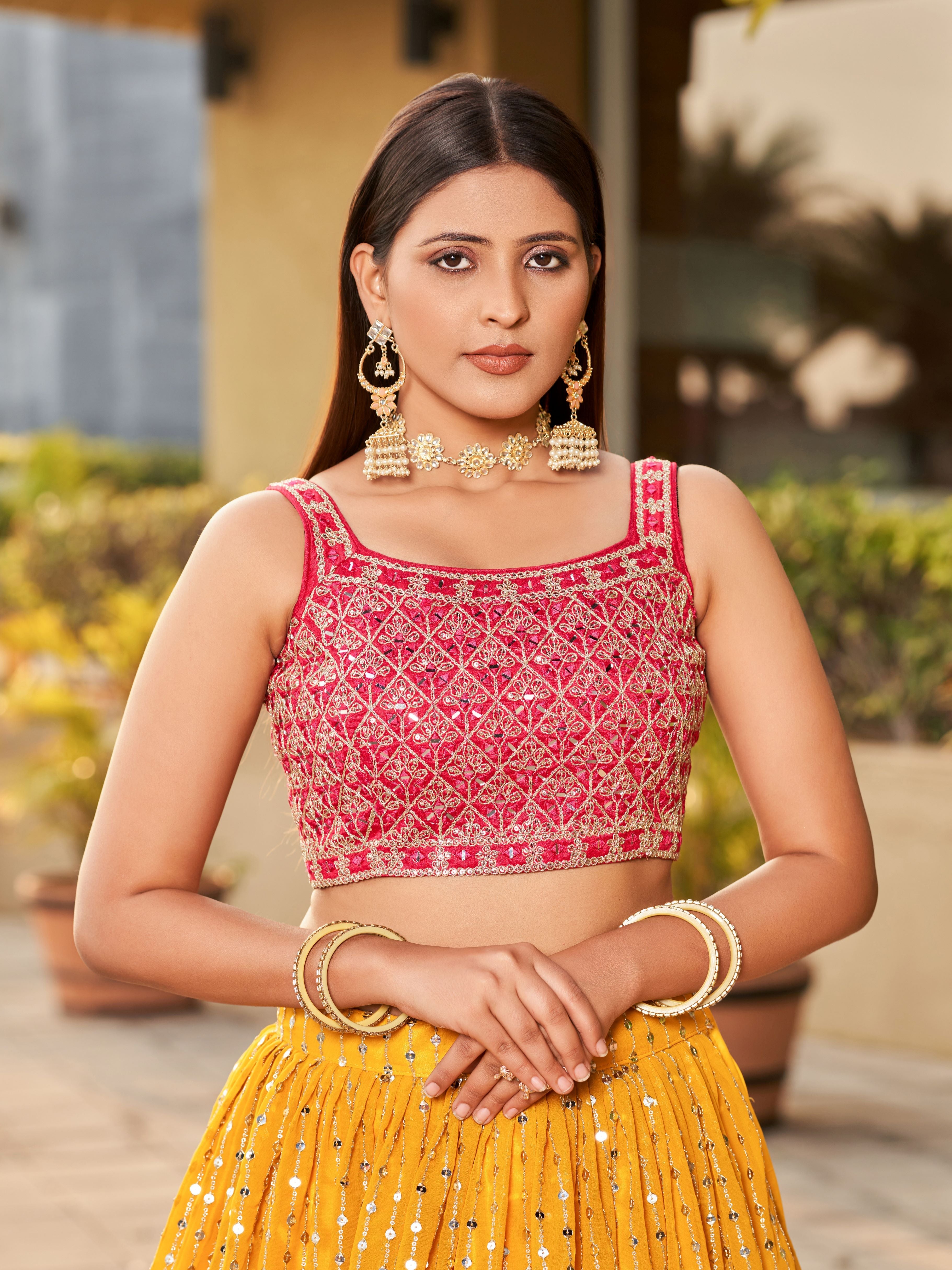 Yellow & Pink Women's Art Silk Embroidery Lehenga Choli