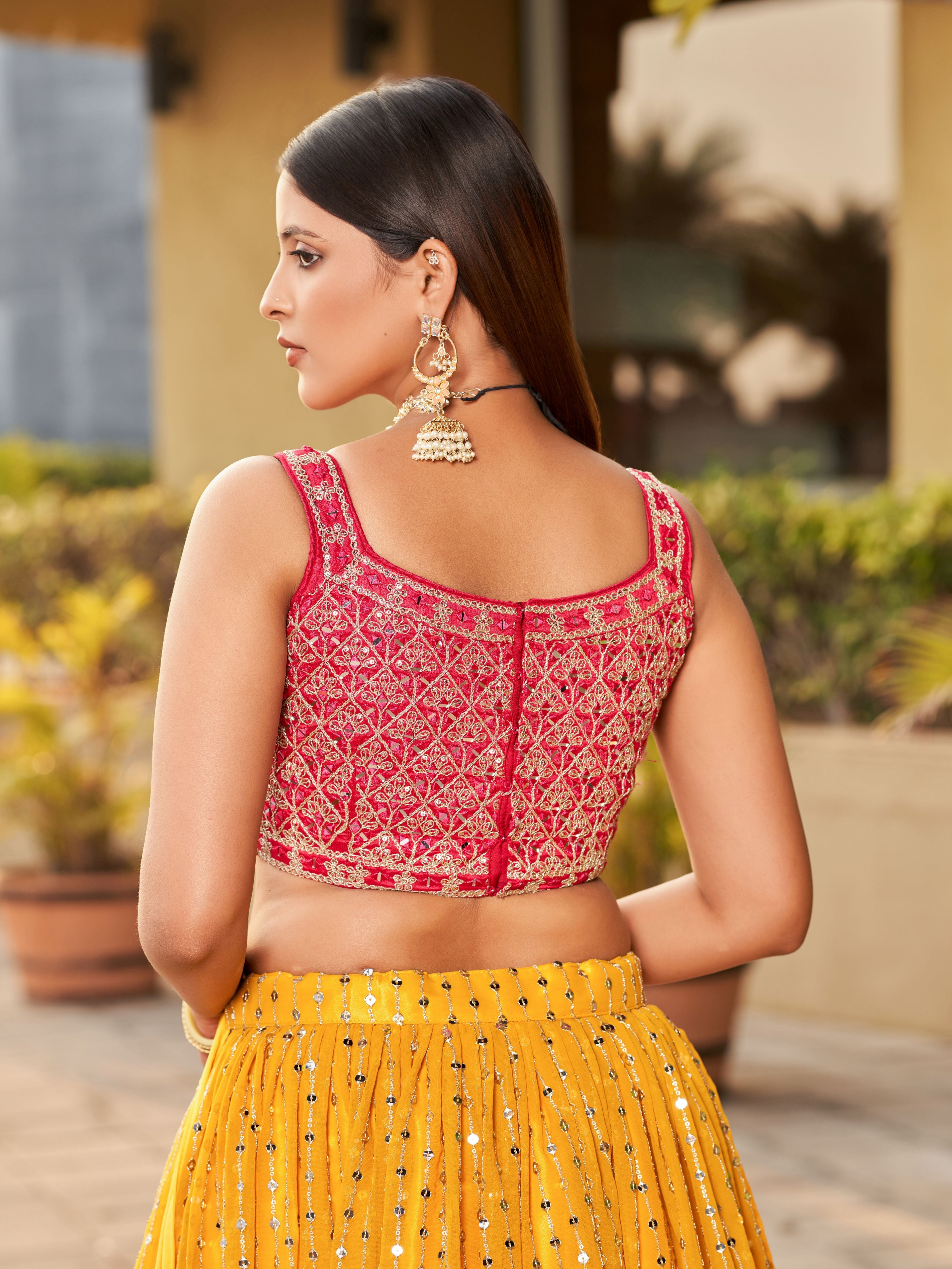 Yellow & Pink Women's Art Silk Embroidery Lehenga Choli