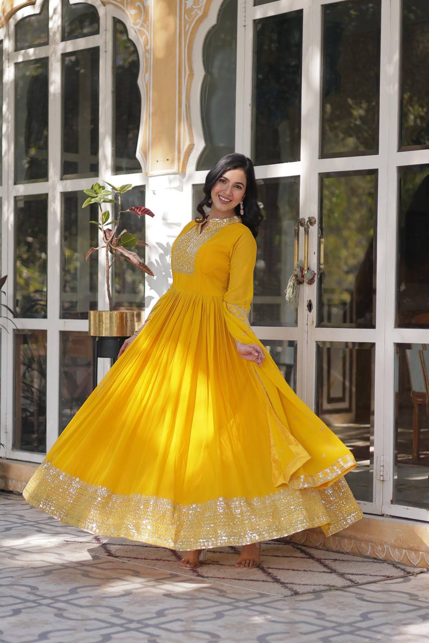 Yellow Sequin Embroidery Work Lehenga Kurta