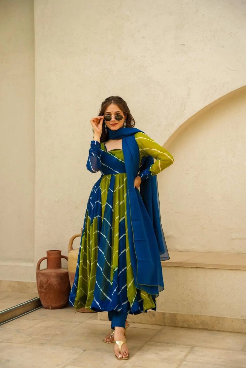 Yellow Leheriya Anarkali Kurta Set