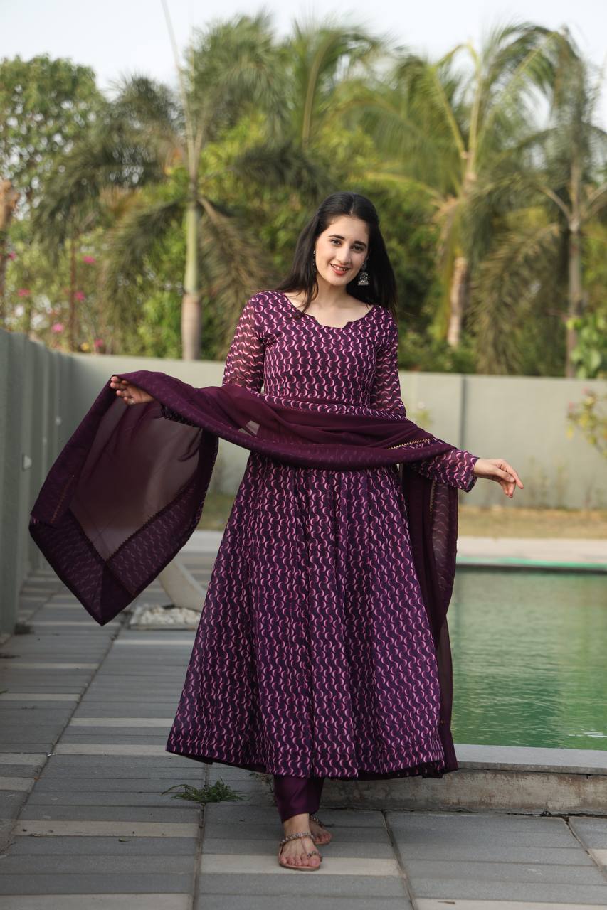 Purple Printed Anarkali Kurta set