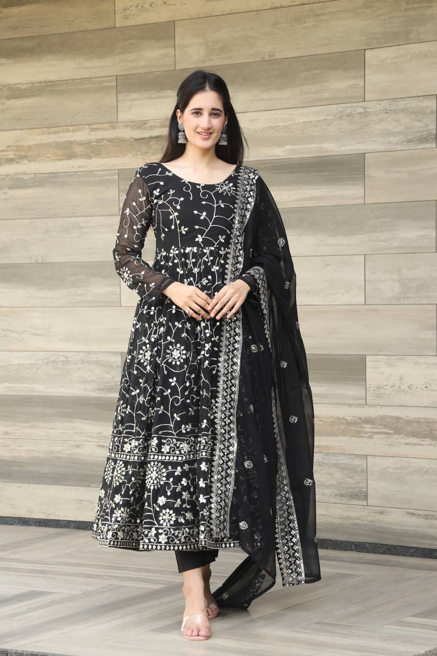 Black Embroidered Anarkali Kurta Set