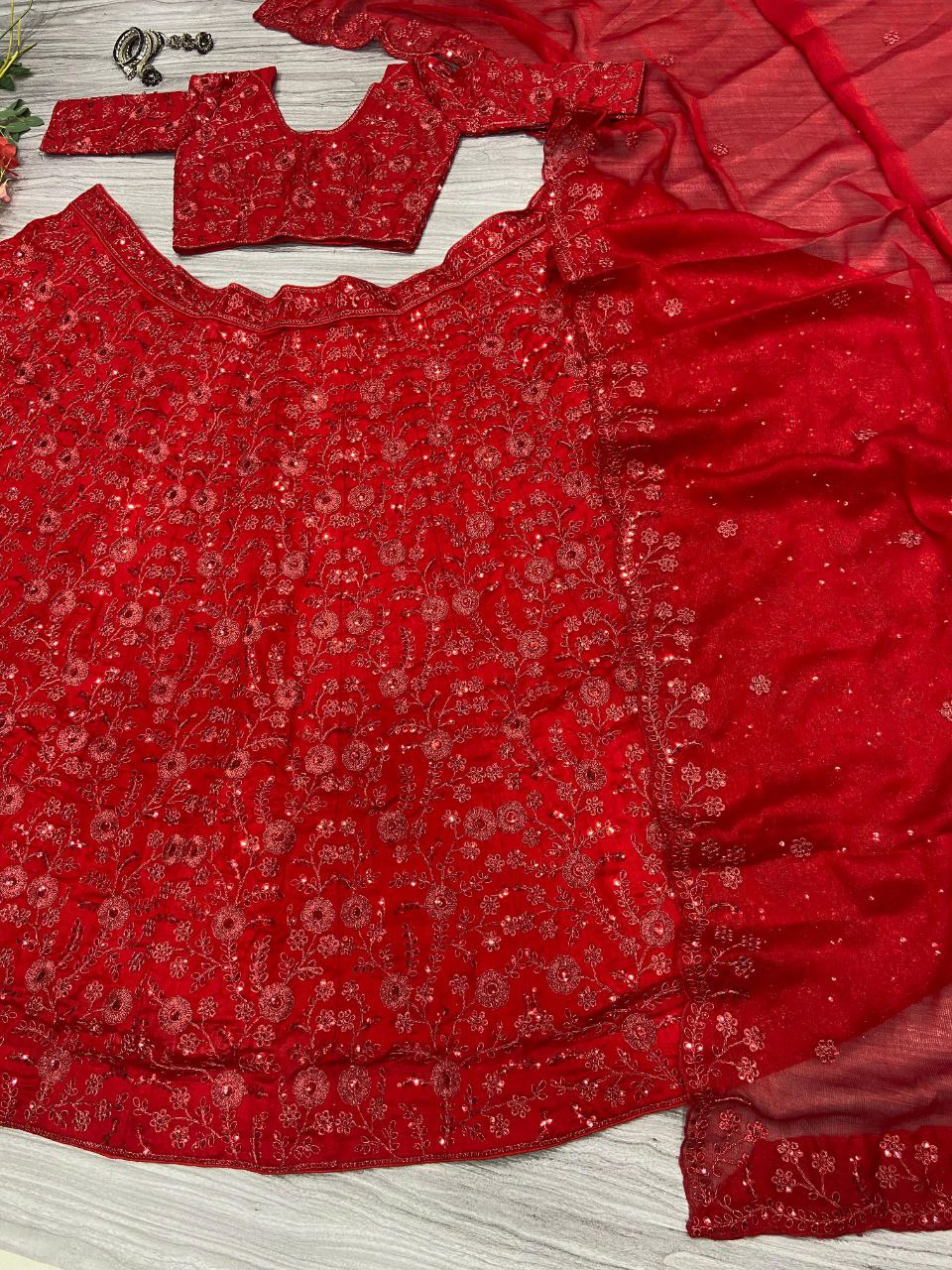 Red Silk Sequin work Lehenga