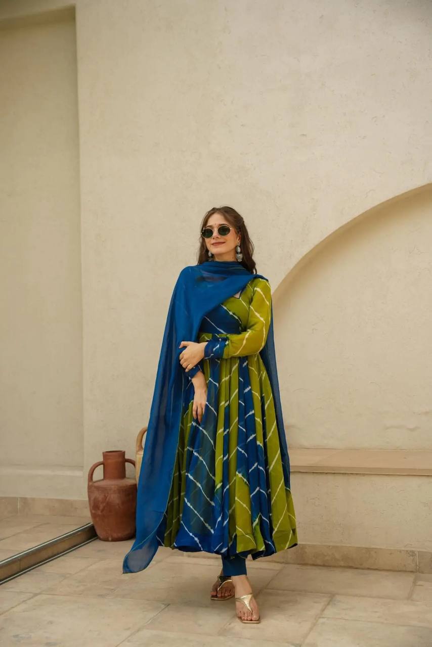 Yellow Leheriya Anarkali Kurta Set