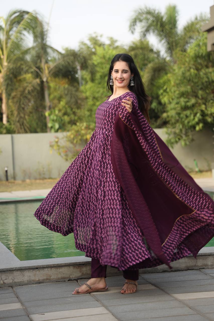 Purple Printed Anarkali Kurta set