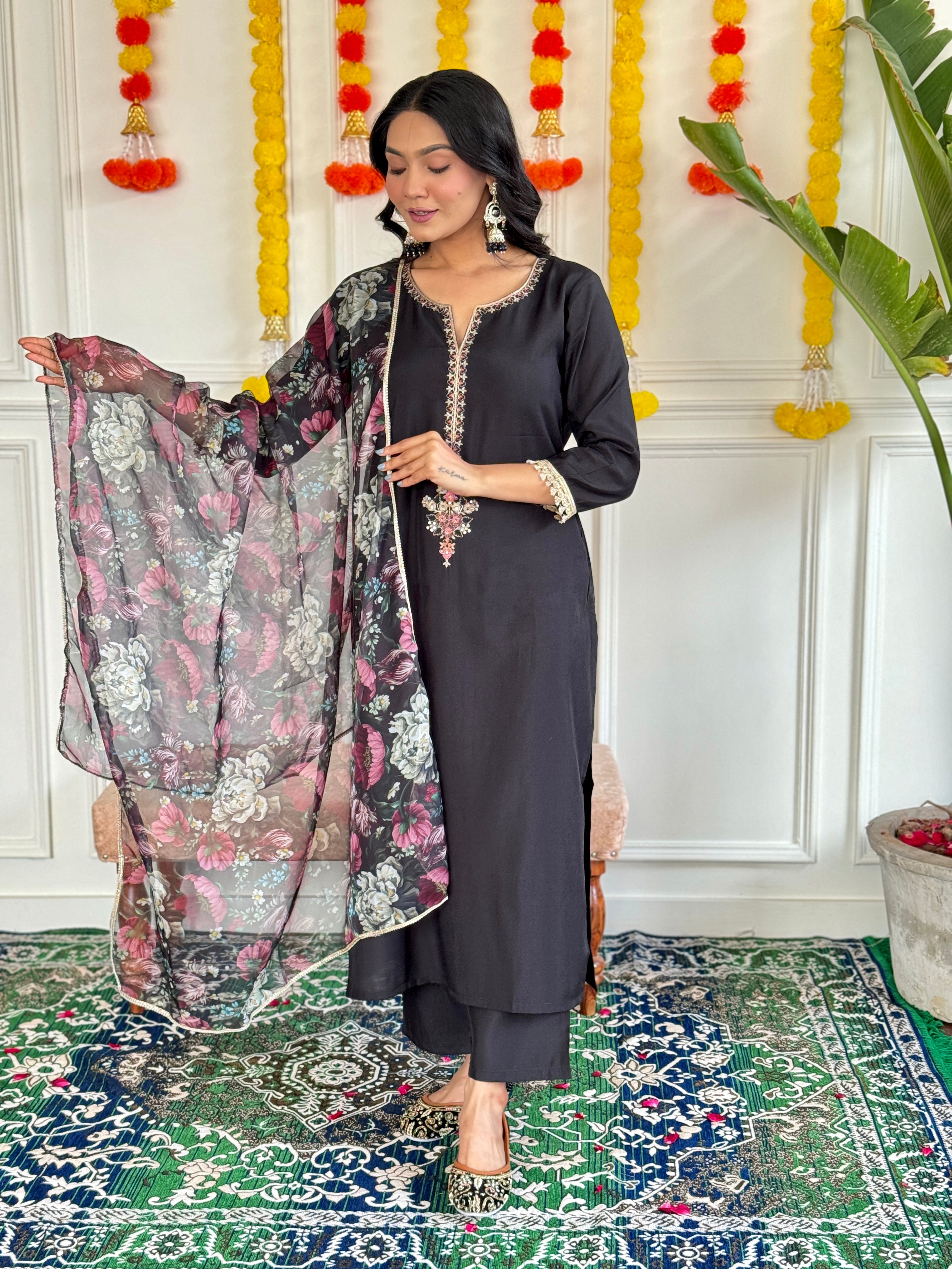 Black Embroidered Rayon Slub Fabric Straight Kurta, Pant and Dupatta Set