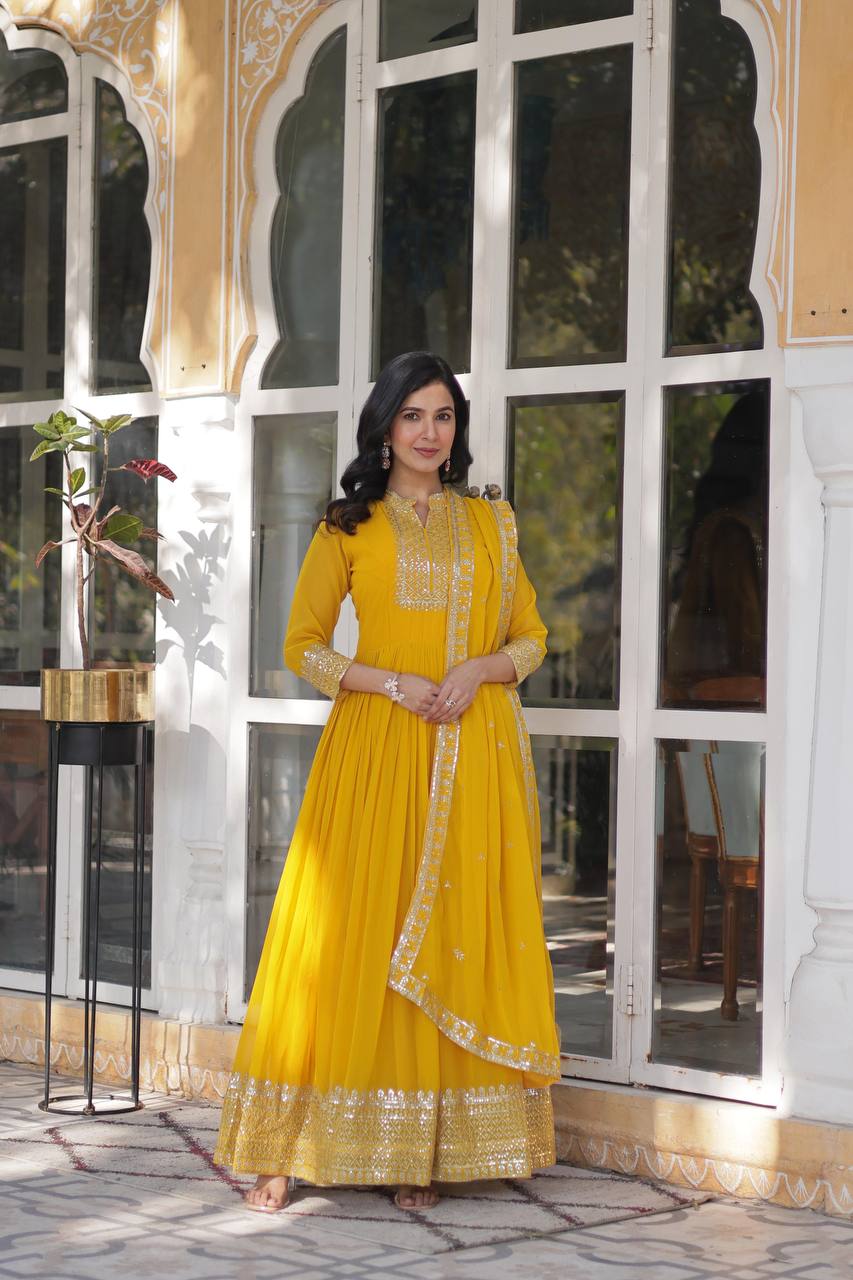 Yellow Sequin Embroidery Work Lehenga Kurta