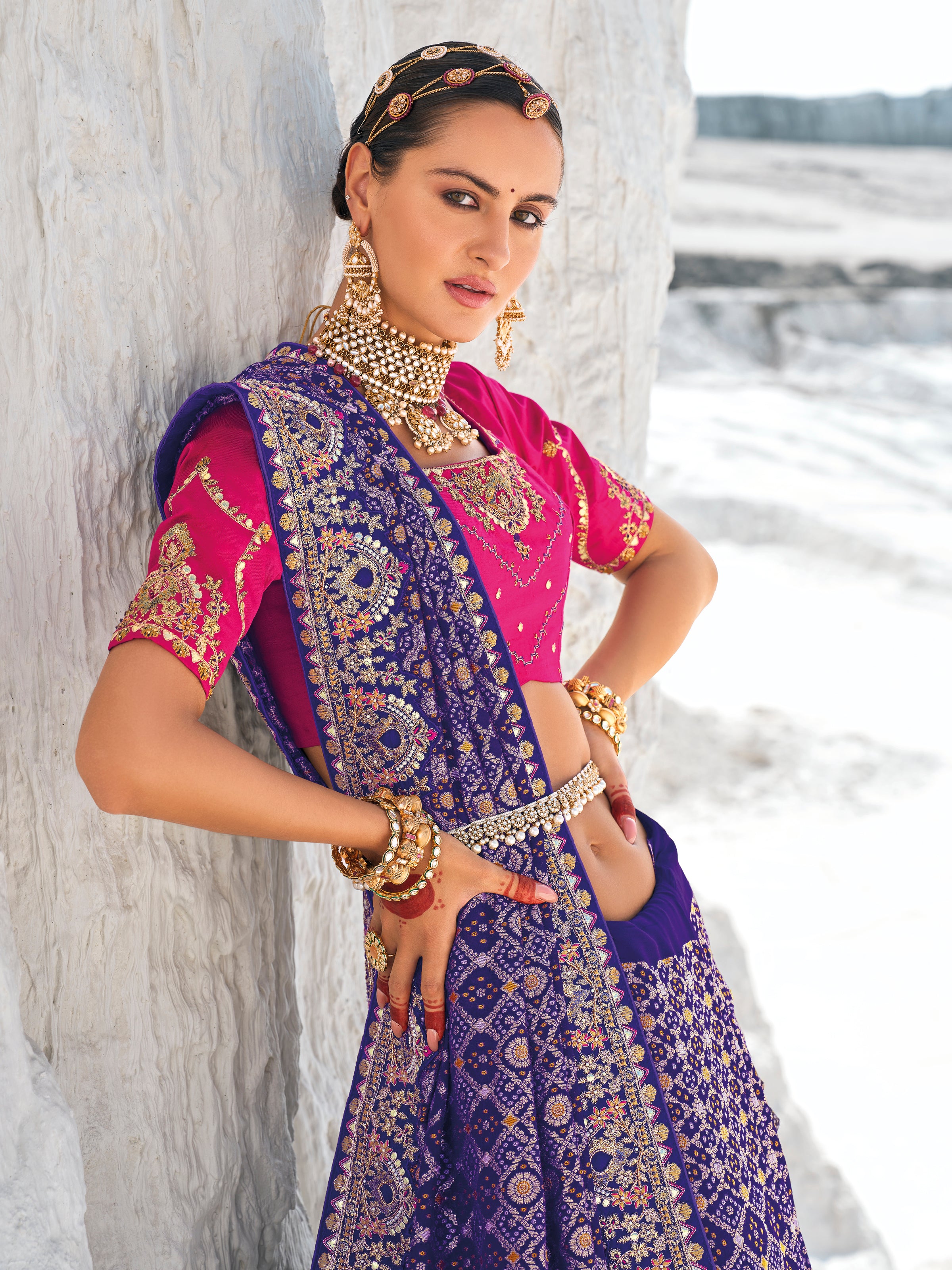 Purple Bandhani Patola Printed Saree With Embroidery Work With Two Blouses
