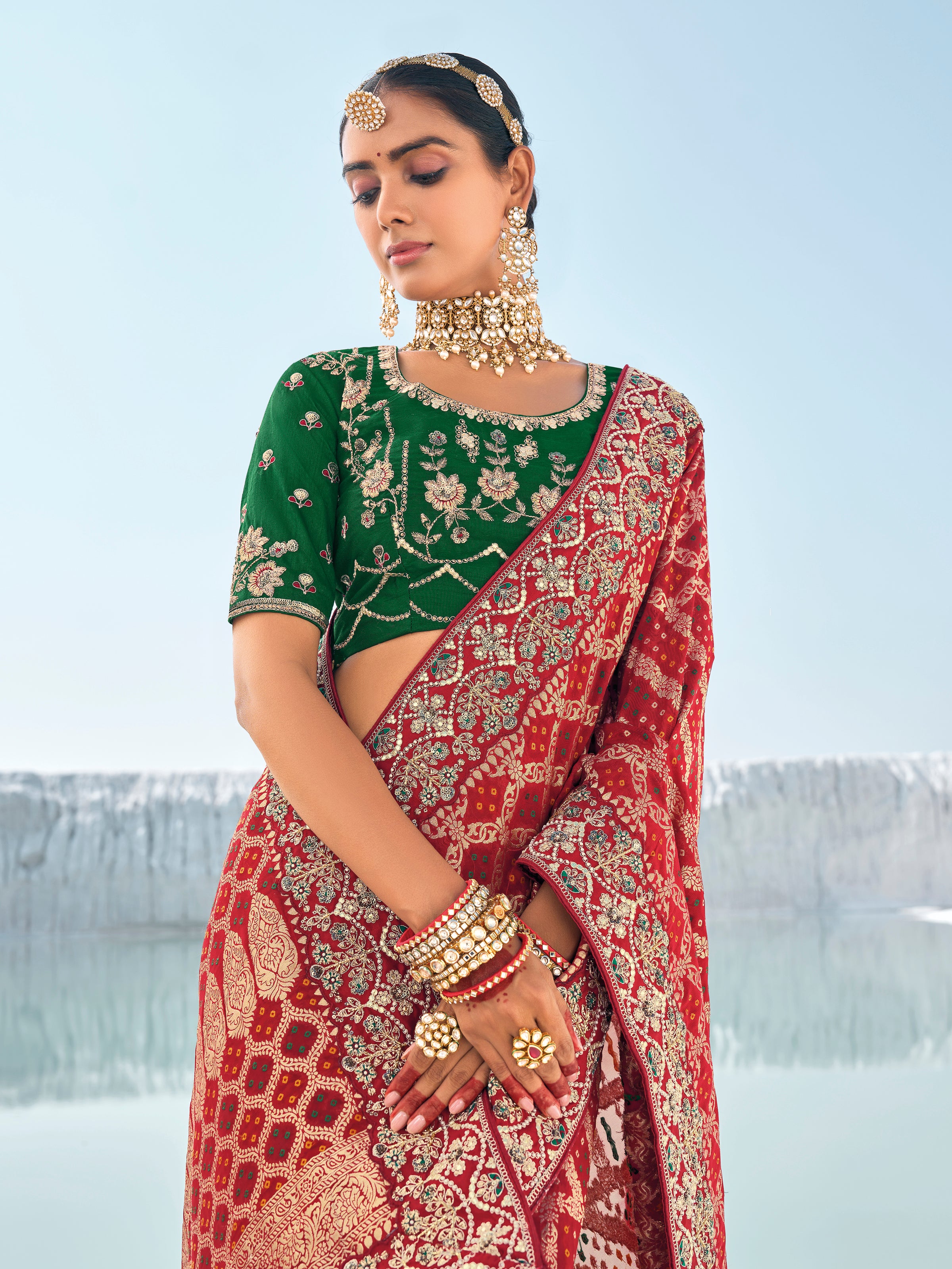Deep Red Bandhani Patola Printed Saree With Embroidery Work With Two Blouses
