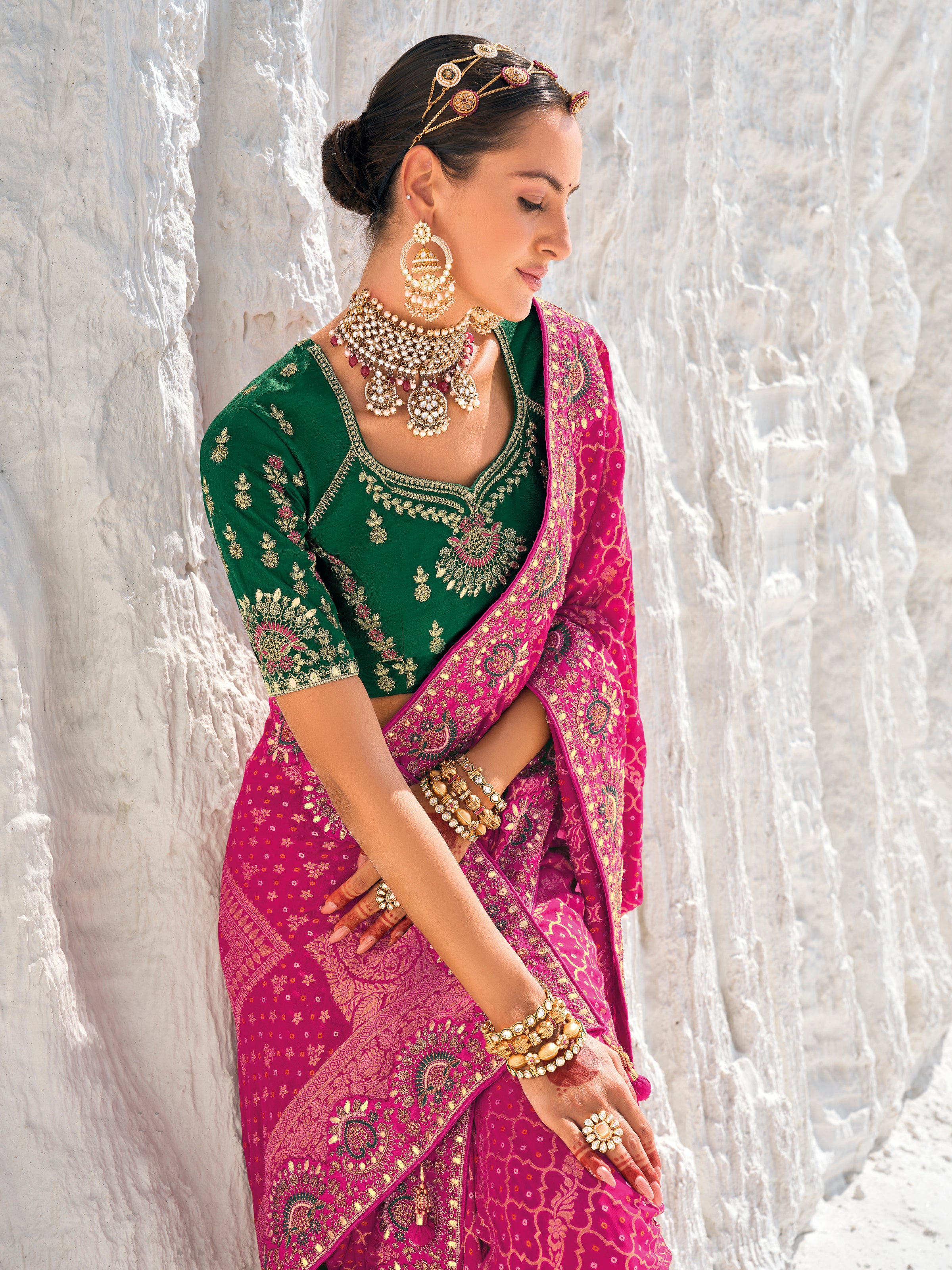 Bright Pink Bandhani Patola Printed Saree With Embroidery Work With Two Blouses