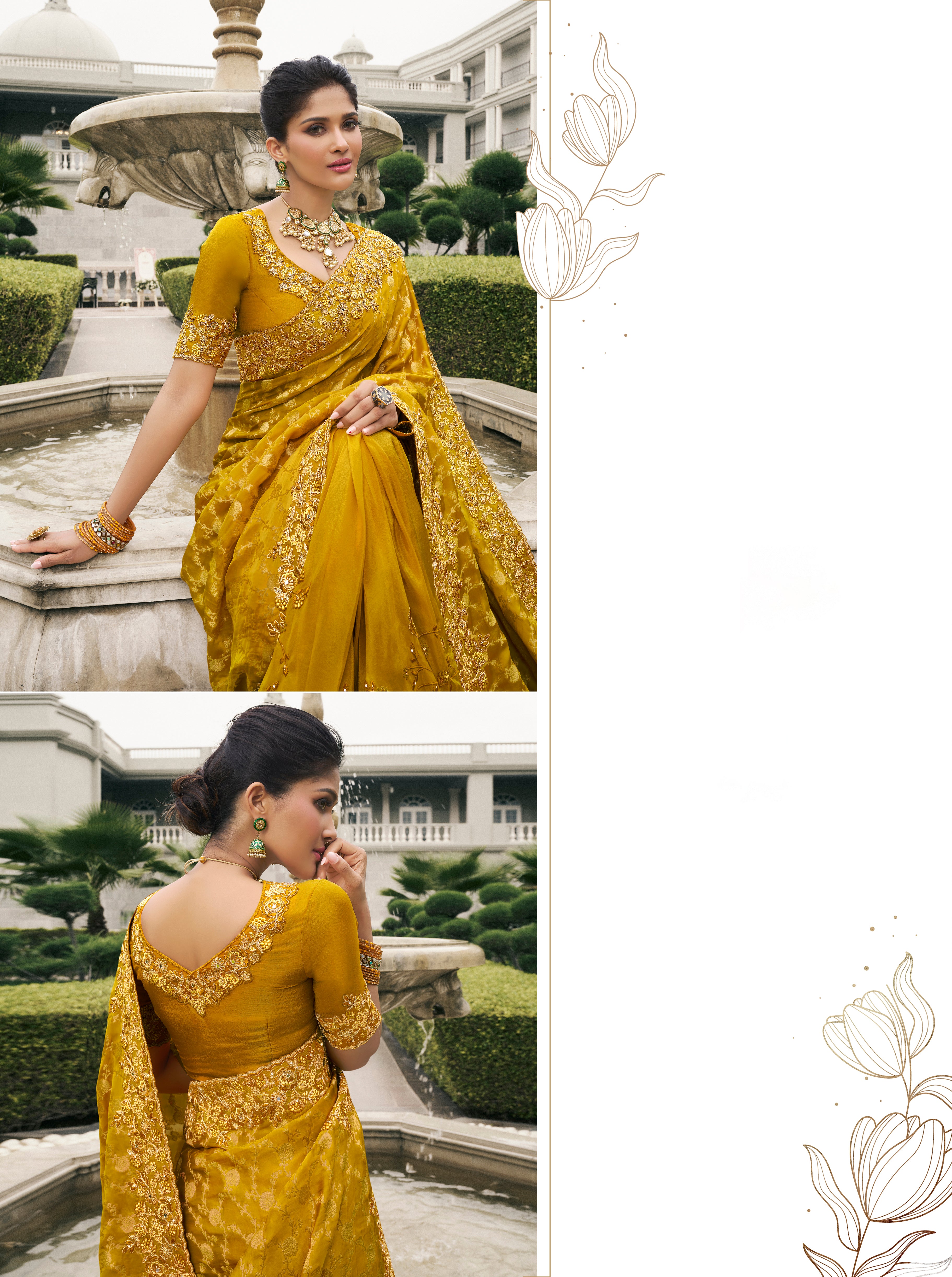 Mustard Weaving Zari Designer Saree With Embroidery Work