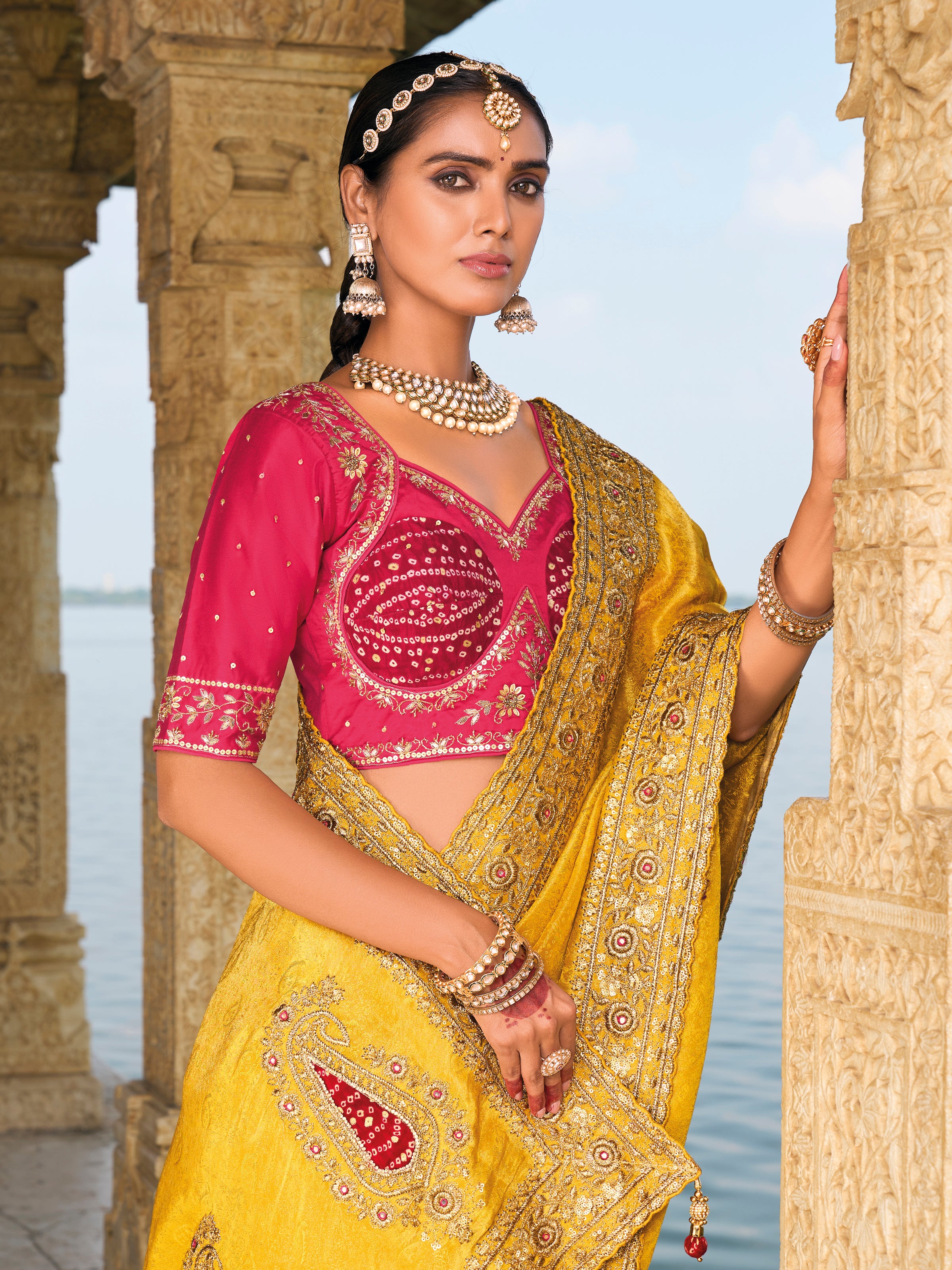 Mustard Banarasi Silk Saree With Hand Work