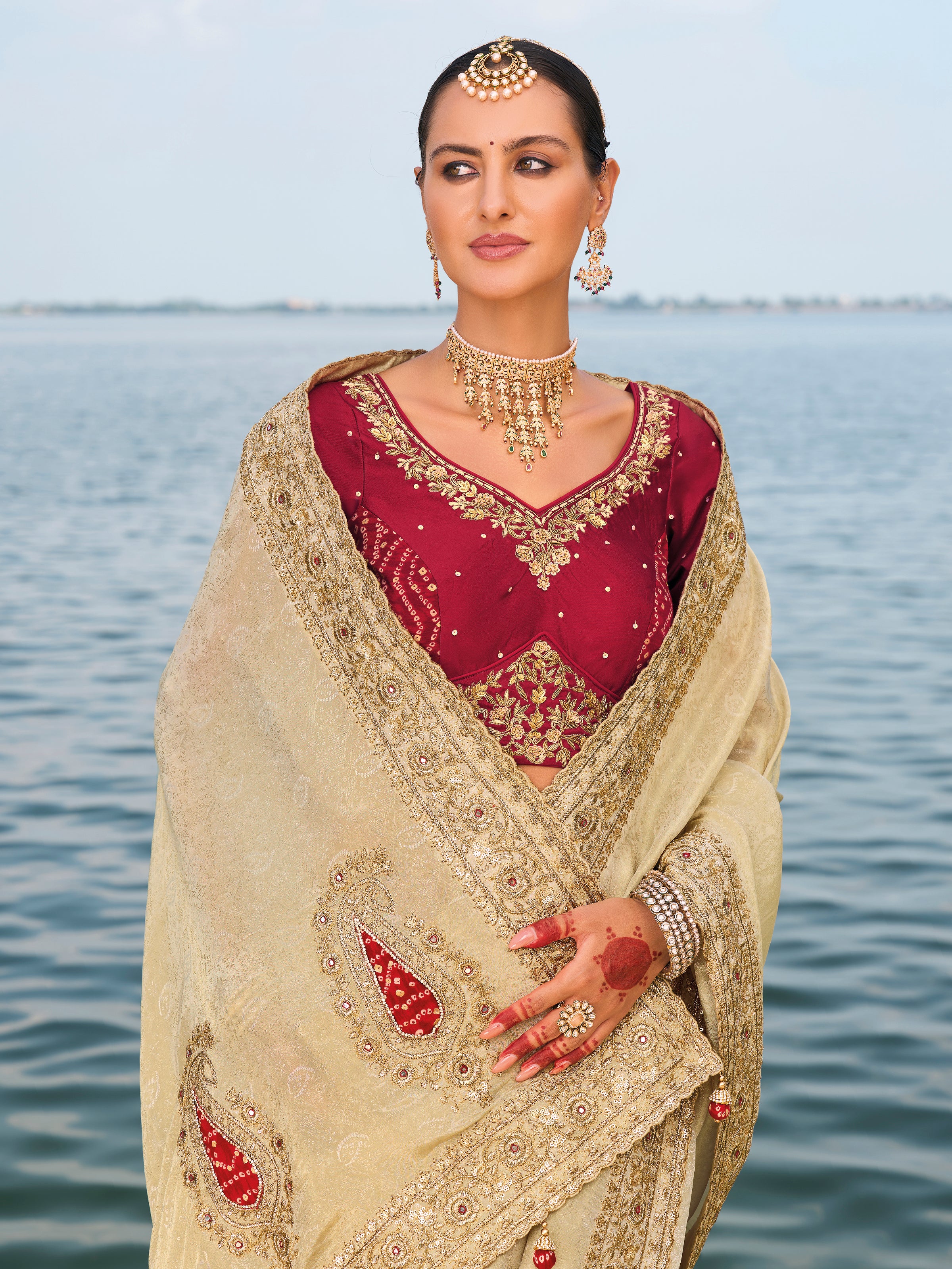Cream Designer Hand Work Saree