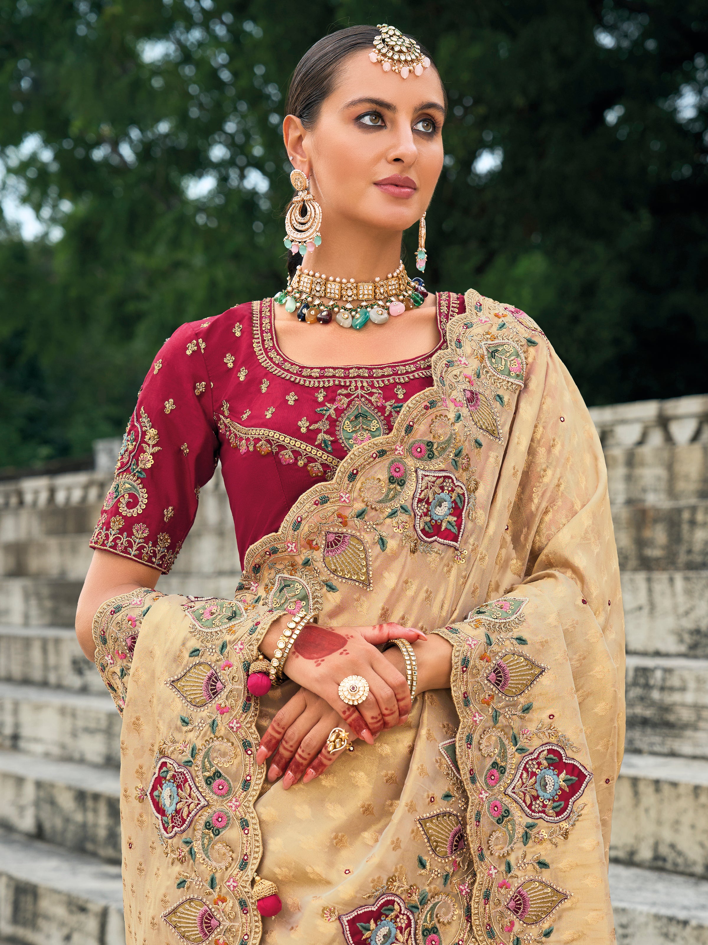 Beige Designer Hand Work Saree