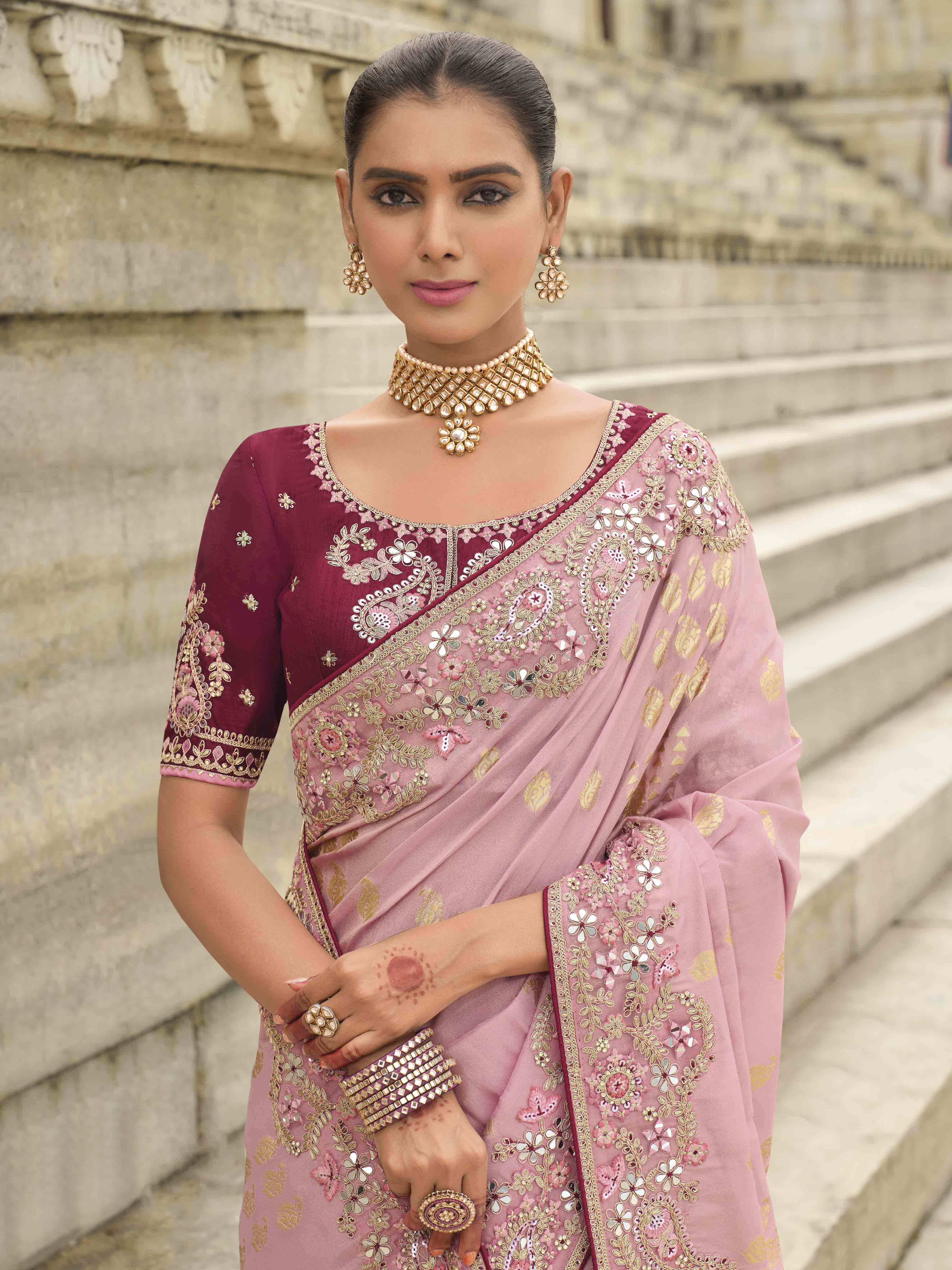 Pink Woven Butti Work Saree With Stone & Sequance Embroidery Along With Cut Work