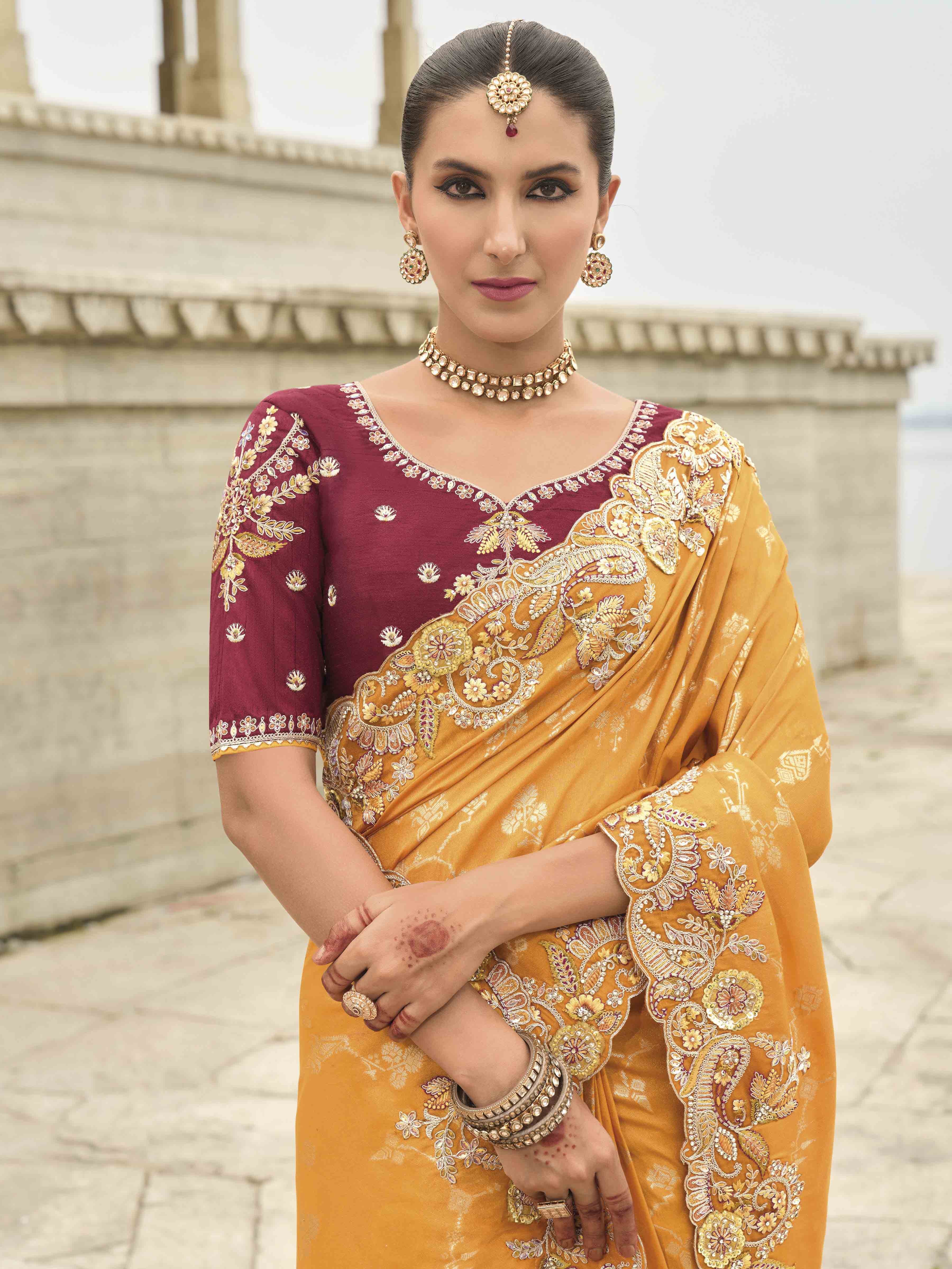 Orange Woven Butti Work Saree With Stone & Sequance Embroidery Along With Cut Work