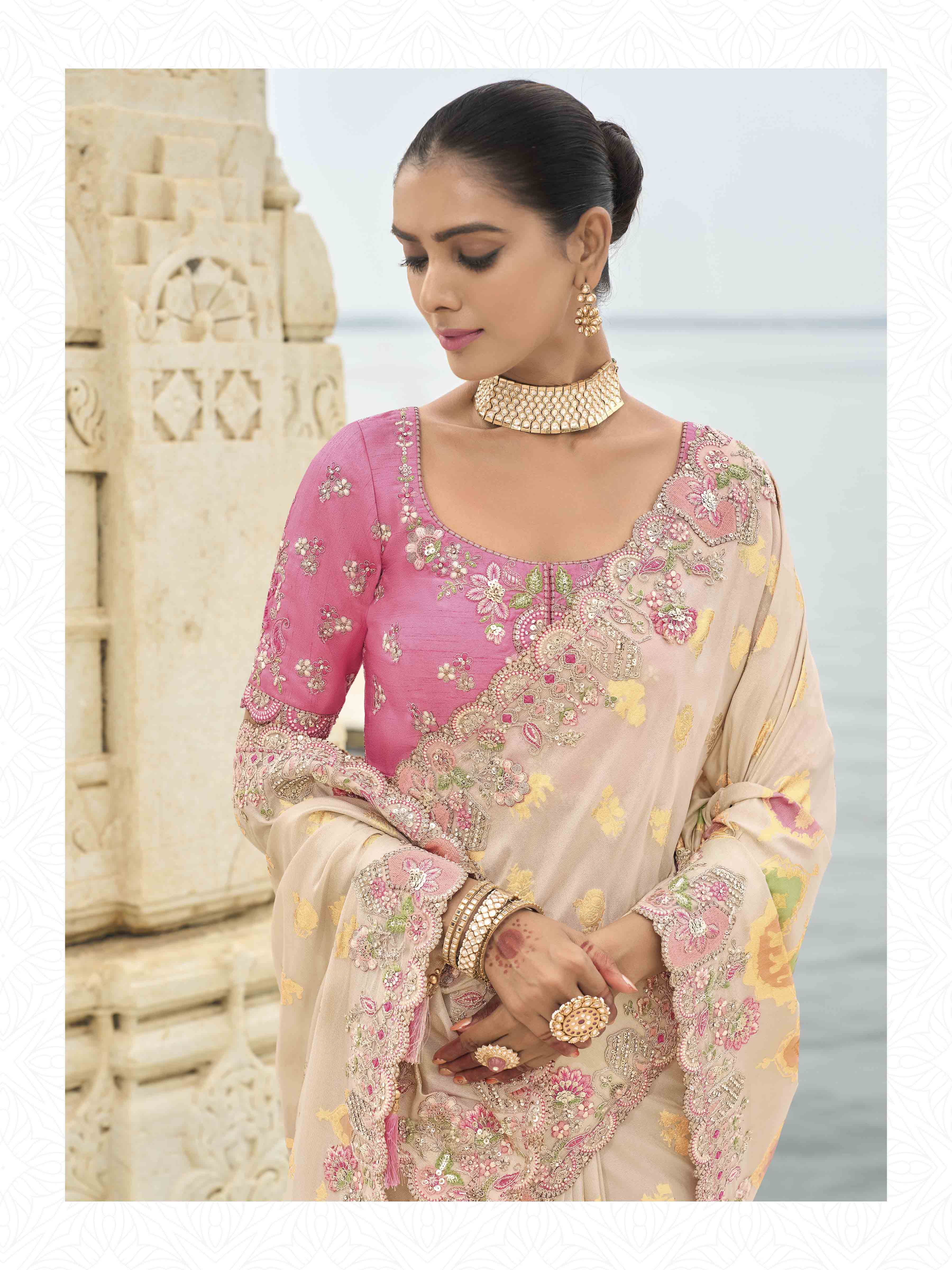 Peach Woven Butti Work Saree With Stone & Sequance Embroidery Along With Cut Work