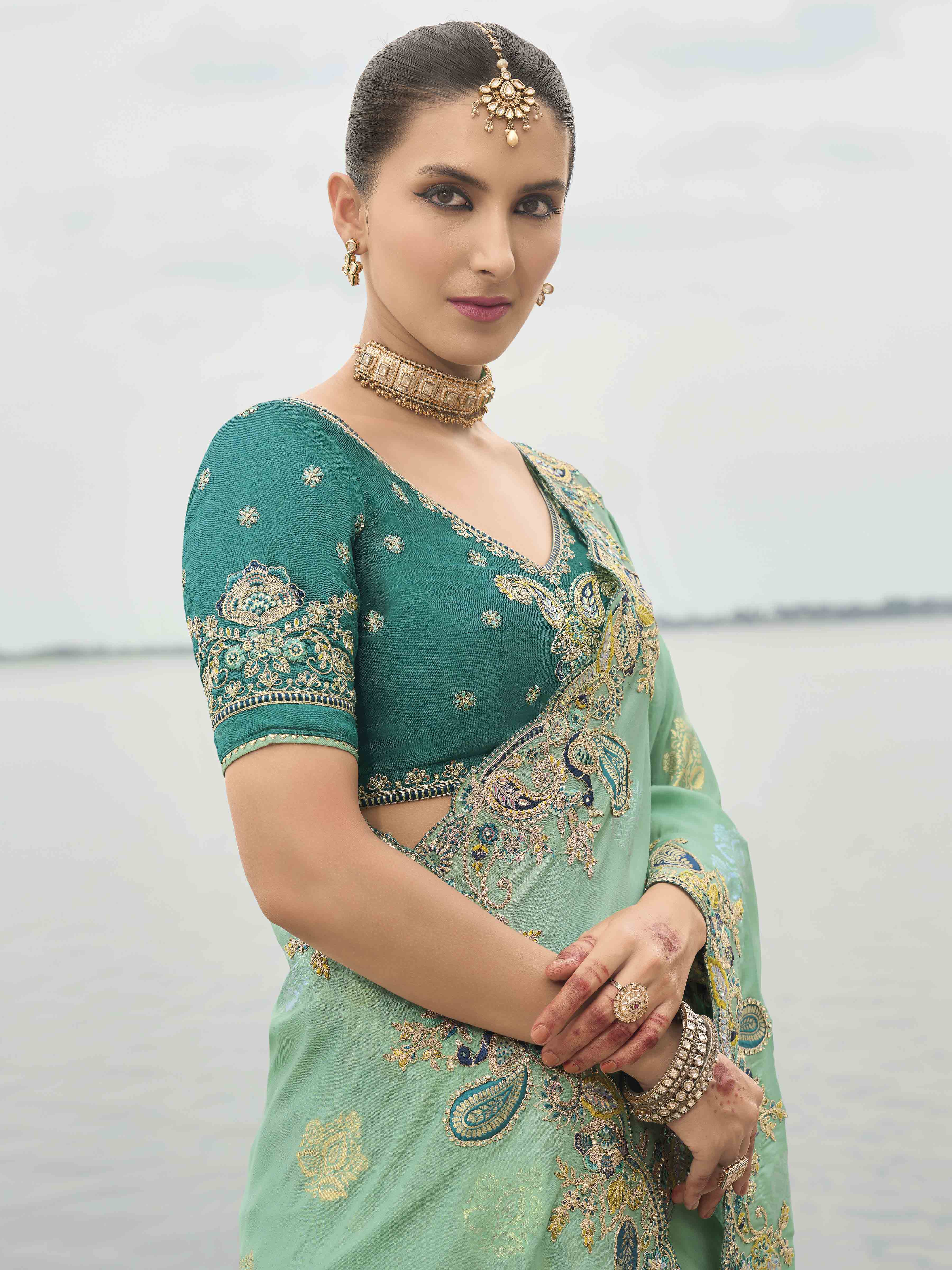 Sea Green Woven Butti Work Saree With Stone & Sequance Embroidery Along With Cut Work