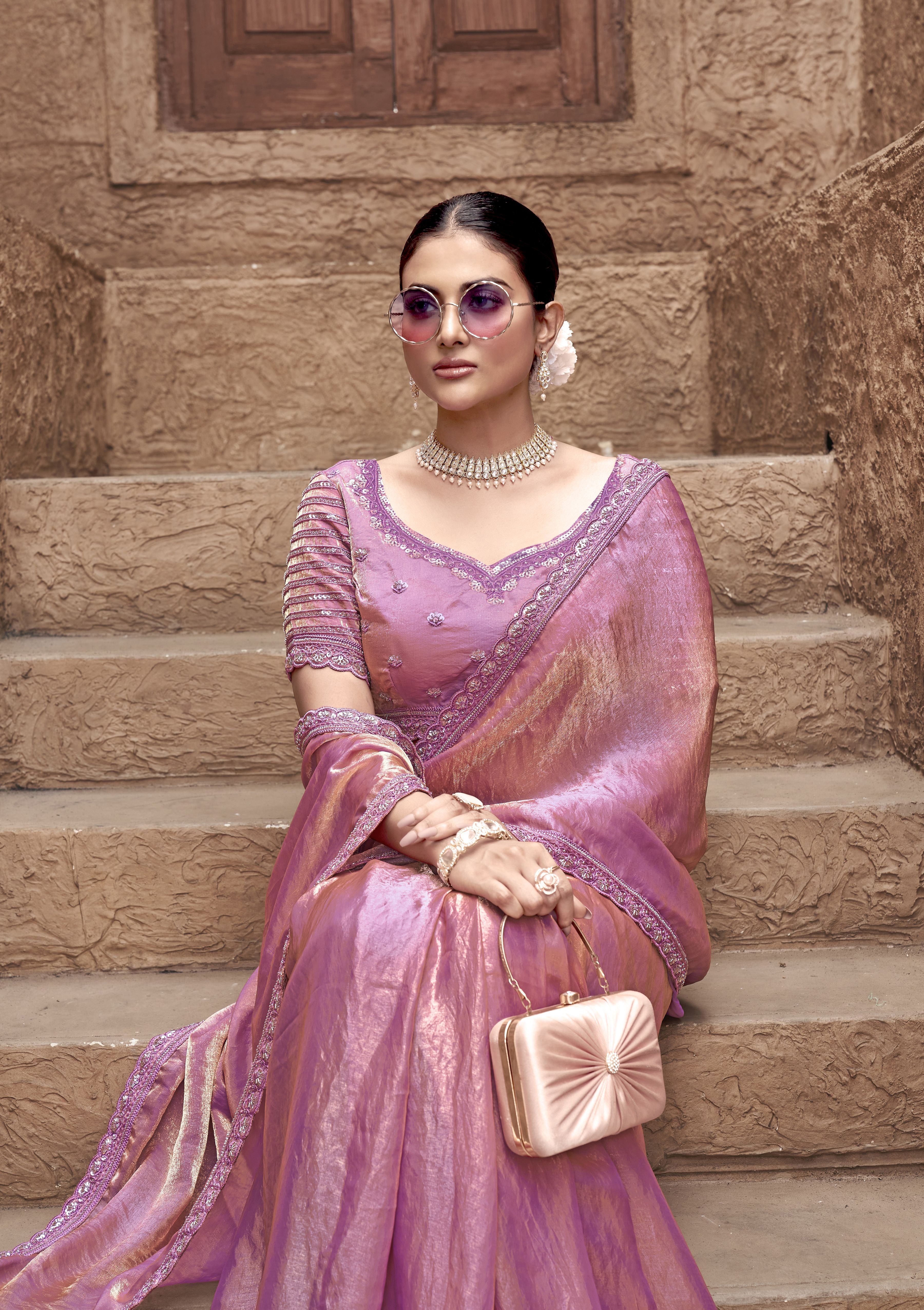 Pink Party Wear Satin Silk Saree With Embroidered Hand Work