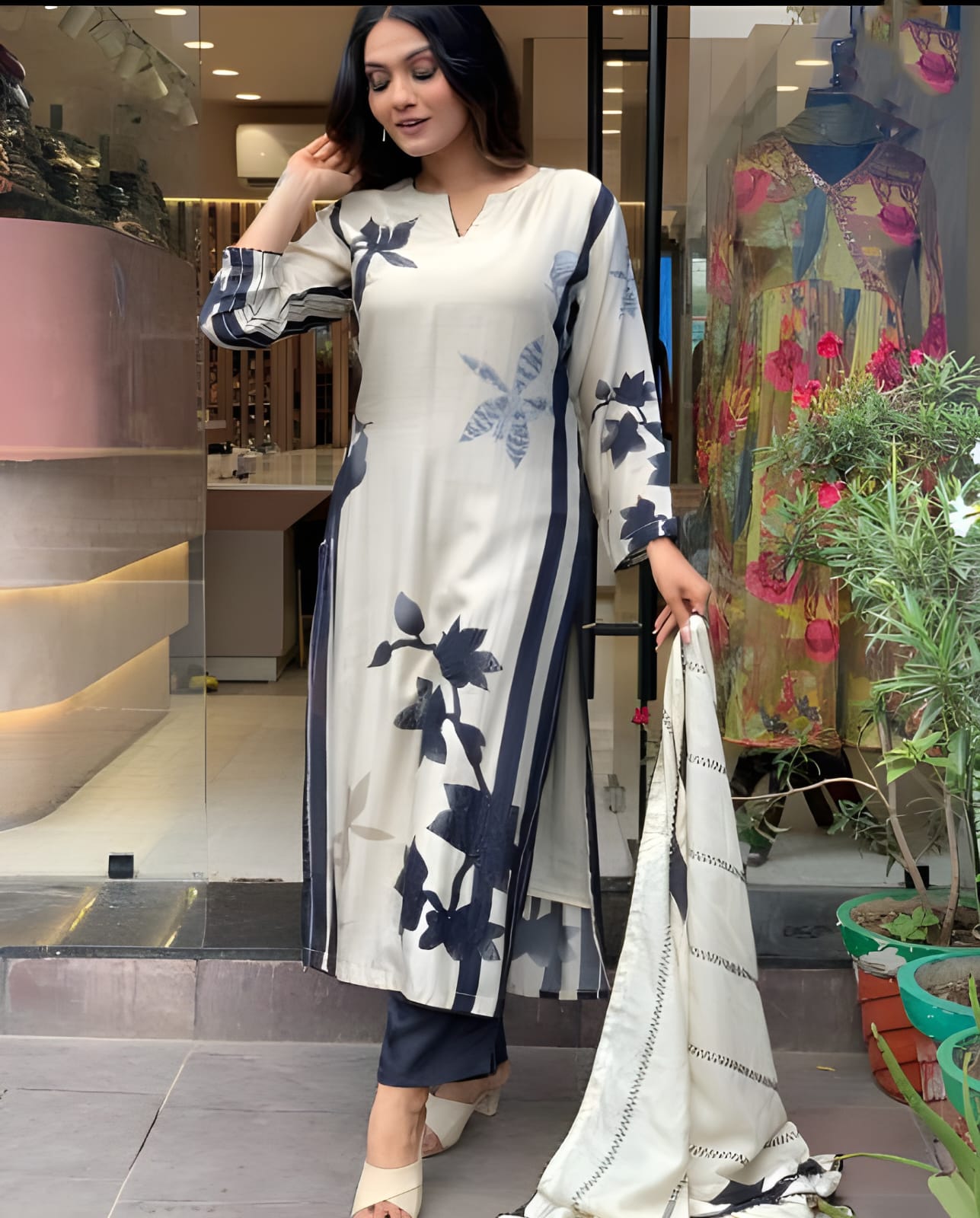 White Muslin Kurta Set With Floral Print