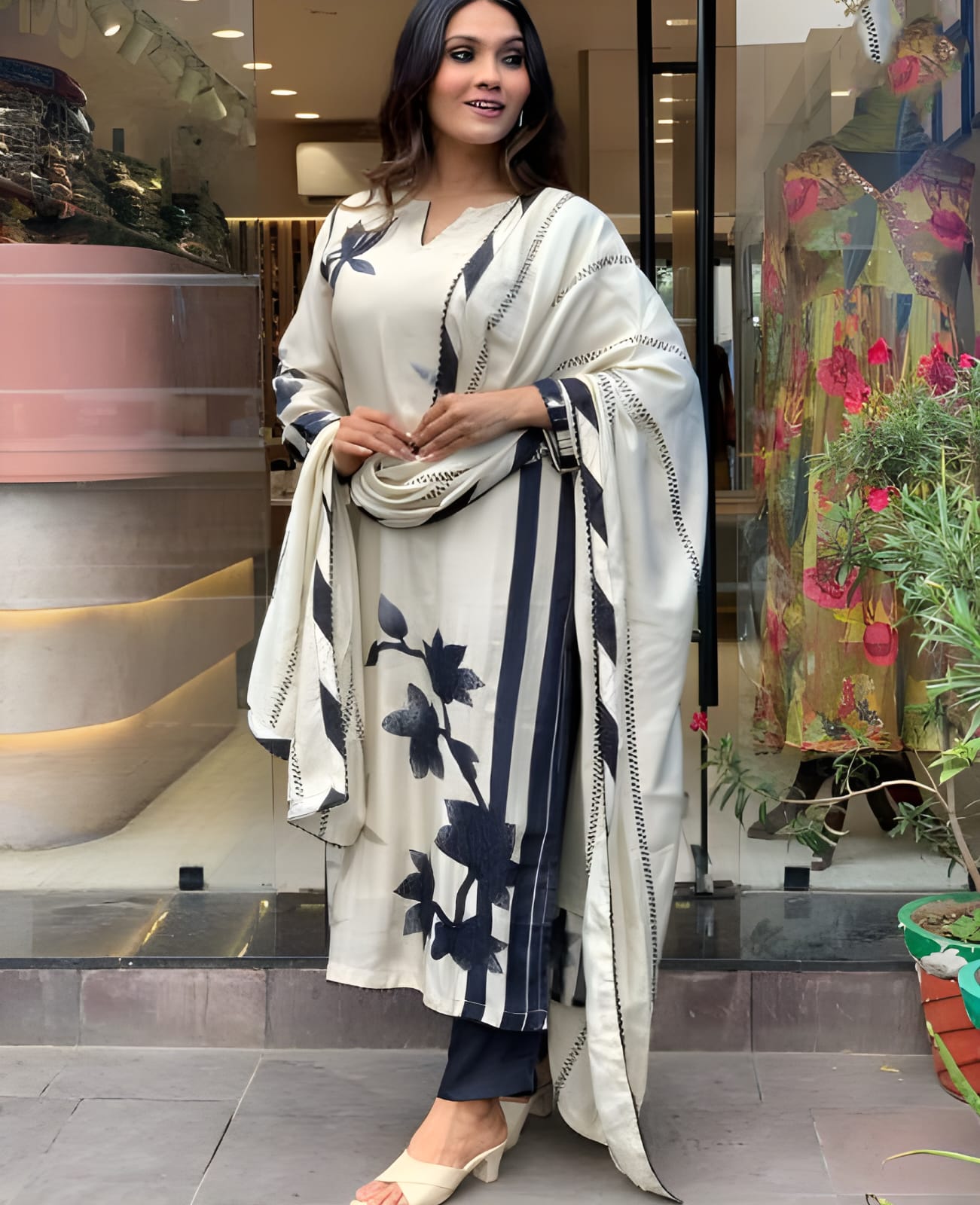 White Muslin Kurta Set With Floral Print