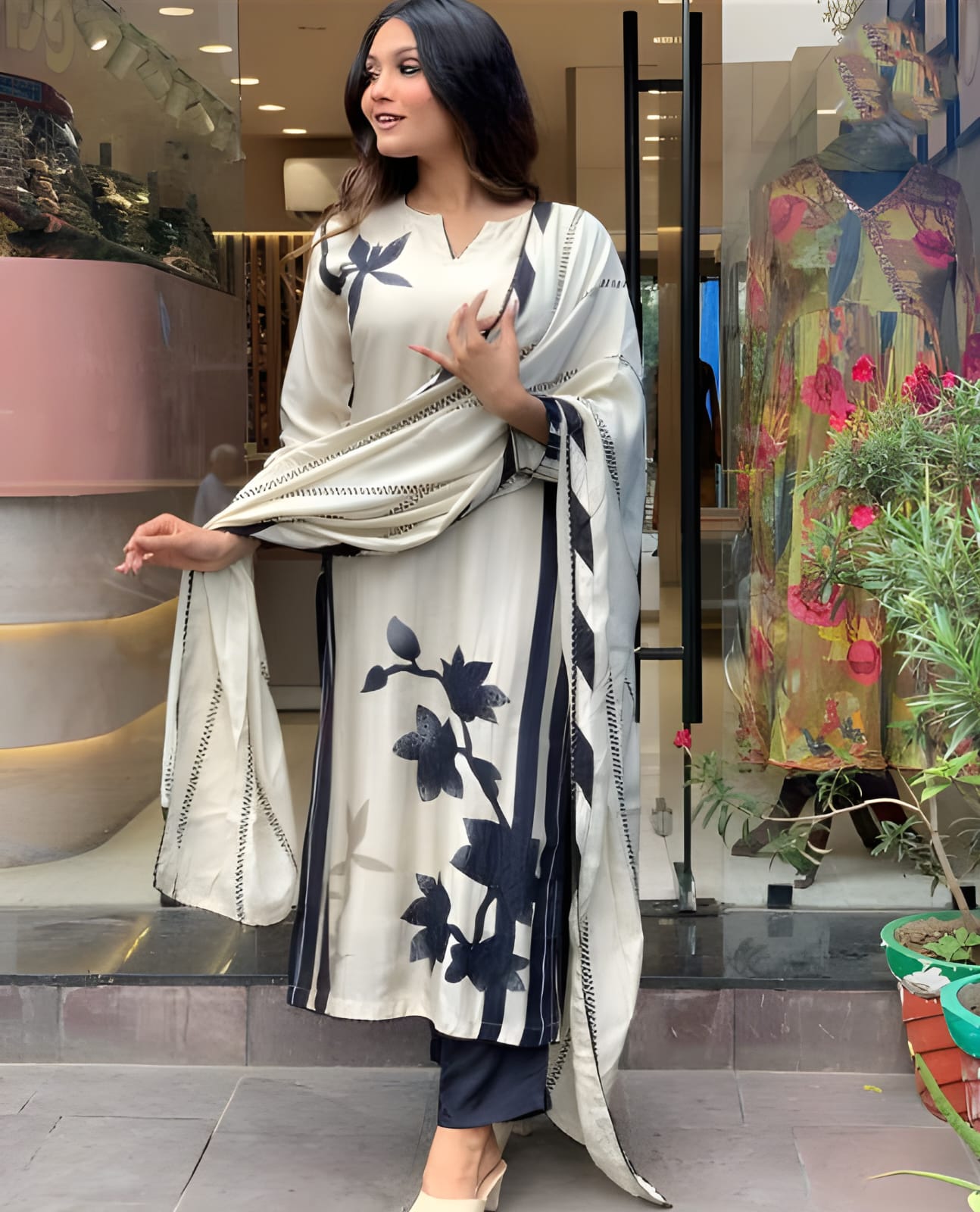 White Muslin Kurta Set With Floral Print