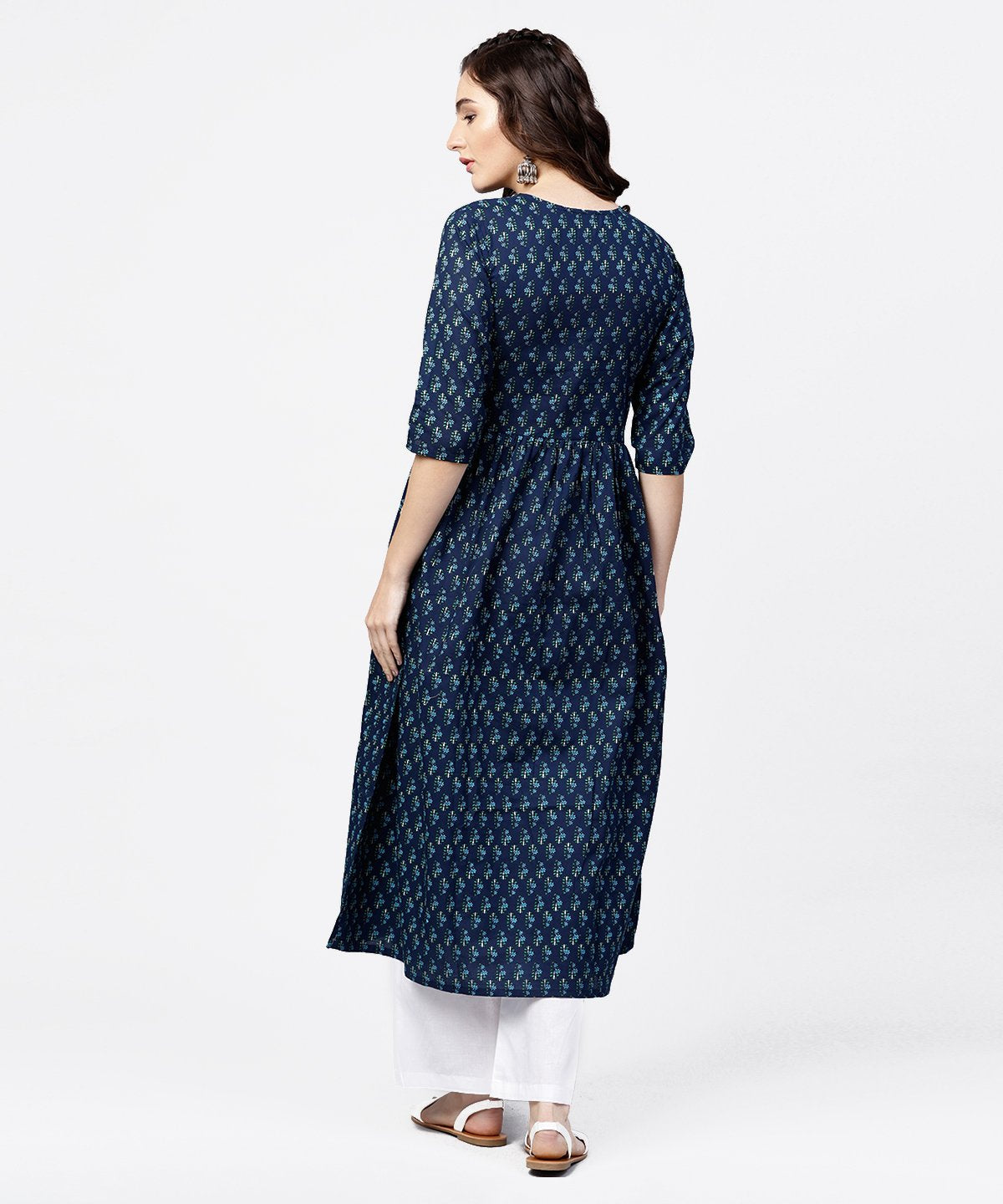 Blue Printed Gathered A-Line Kurta With White Palazzo