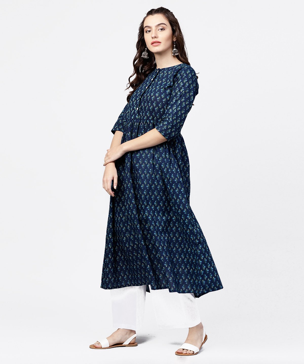 Blue Printed Gathered A-Line Kurta With White Palazzo