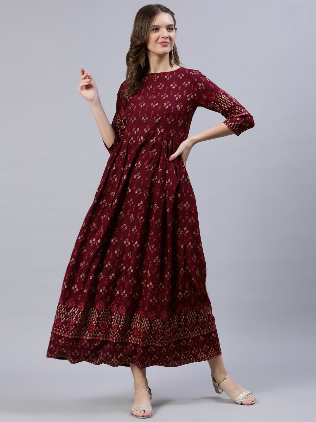 Women Burgundy Ethnic Printed Straight Kurta With Palazzo & Dupatta