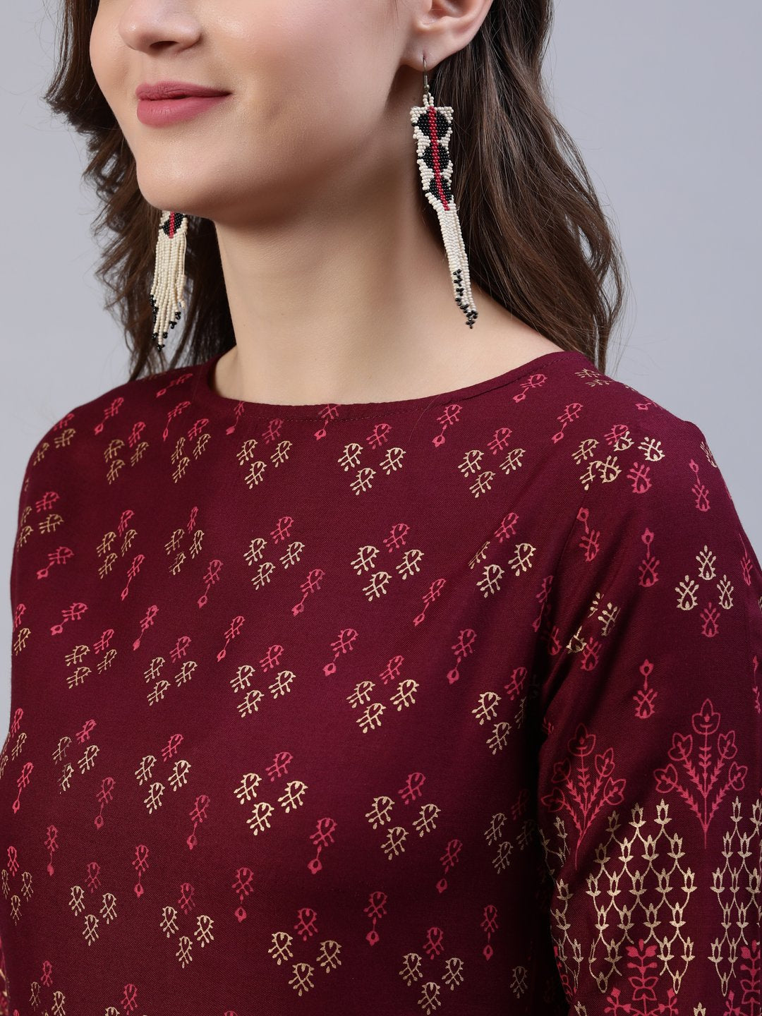 Women Burgundy Ethnic Printed Straight Kurta With Palazzo & Dupatta