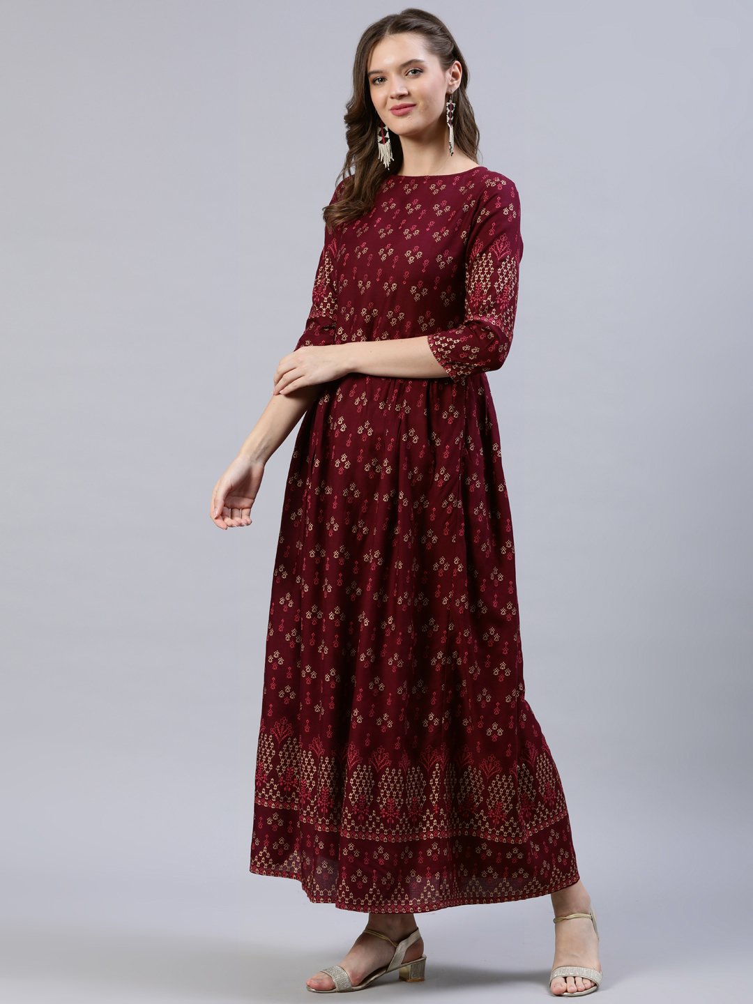 Women Burgundy Ethnic Printed Straight Kurta With Palazzo & Dupatta