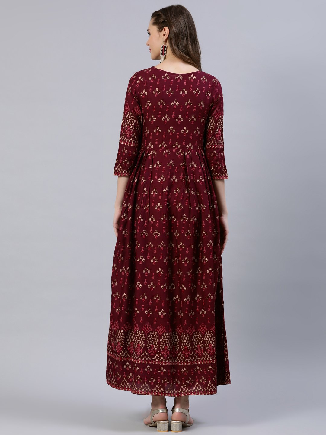 Women Burgundy Ethnic Printed Straight Kurta With Palazzo & Dupatta