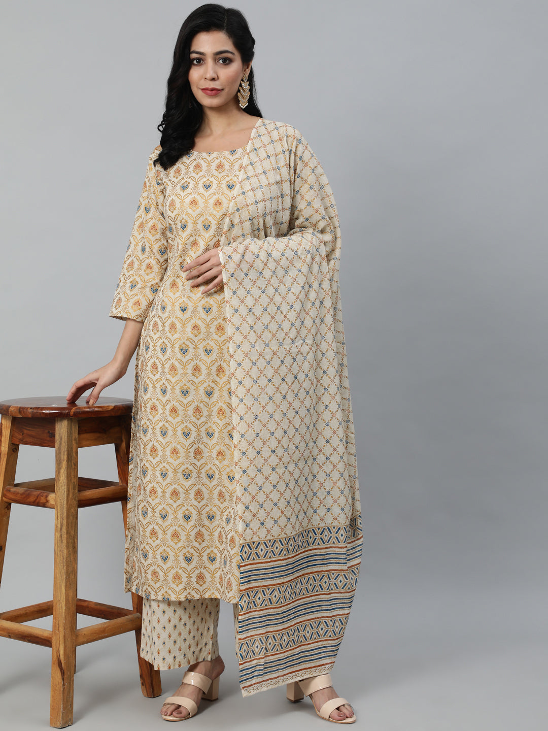 Women Cream & Gold Printed Straight Kurta With Palazzo & Dupatta
