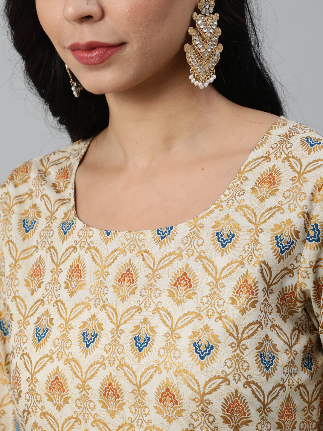 Women Cream & Gold Printed Straight Kurta With Palazzo & Dupatta