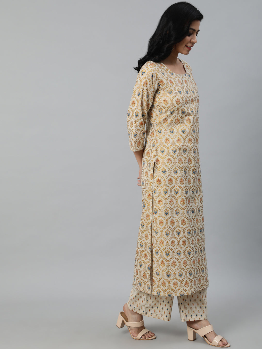 Women Cream & Gold Printed Straight Kurta With Palazzo & Dupatta